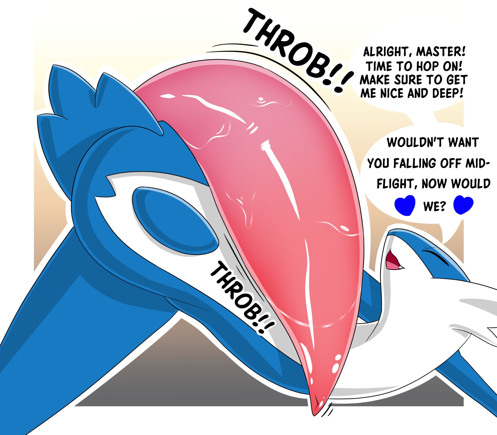 A Latios with an absurdly large cock drapped over him. Text describes it as throbbing, while the giant mass is covered in moisture. The Latios is saying "Alright Master, time to hop on! Make sure to get me nice and deep! We wouldn't want you falling off mid-flight, now would we?"