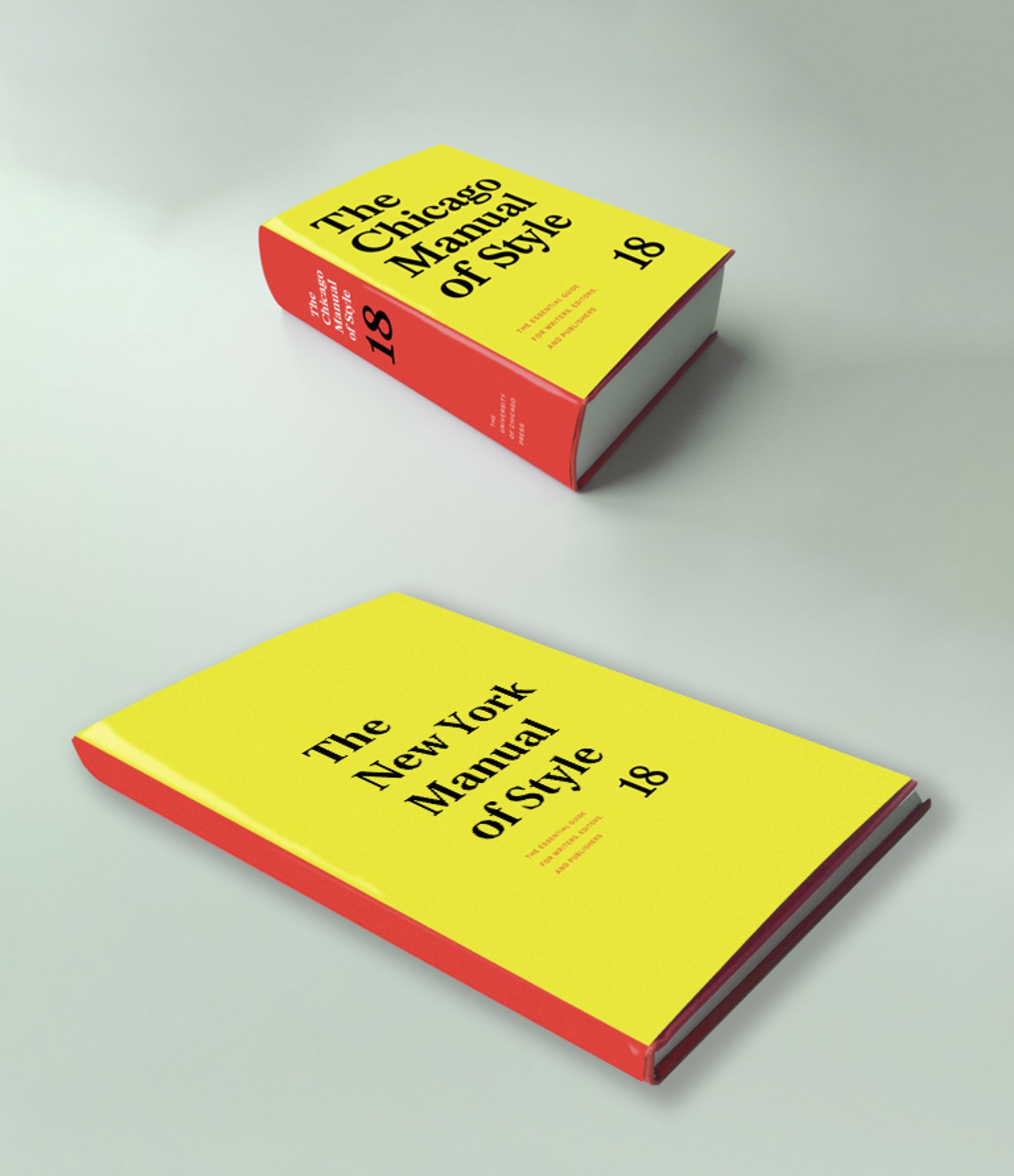 Two books, identical except for the dimensions and titles: First, a copy of the chicago manual of style 18, a thick book with its bright yellow cover and red spine. below it is a photoshopped version of the book--it is a thin, flat book, but with a much larger cover. the text is on the cover reads "The New York Manual of Style"