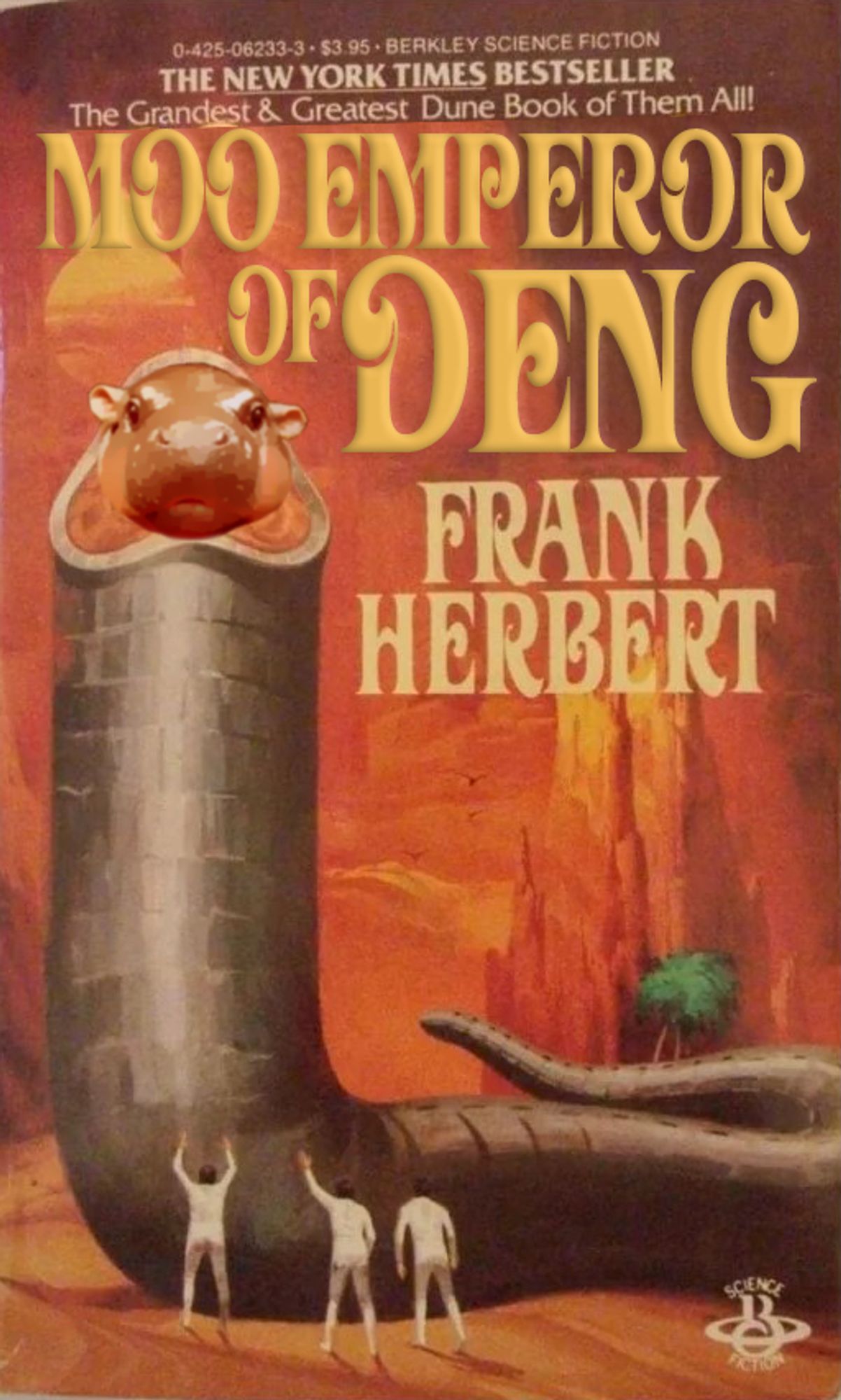 the cover of "God Emperor of Dune," which depicts a sandworm with the face of a man looming over white-clad human worshippers on a sandy landscape, but the man's face has been replaced with the face of moo deng the pygmy hippo. the title now reads "Moo Emperor of Deng"