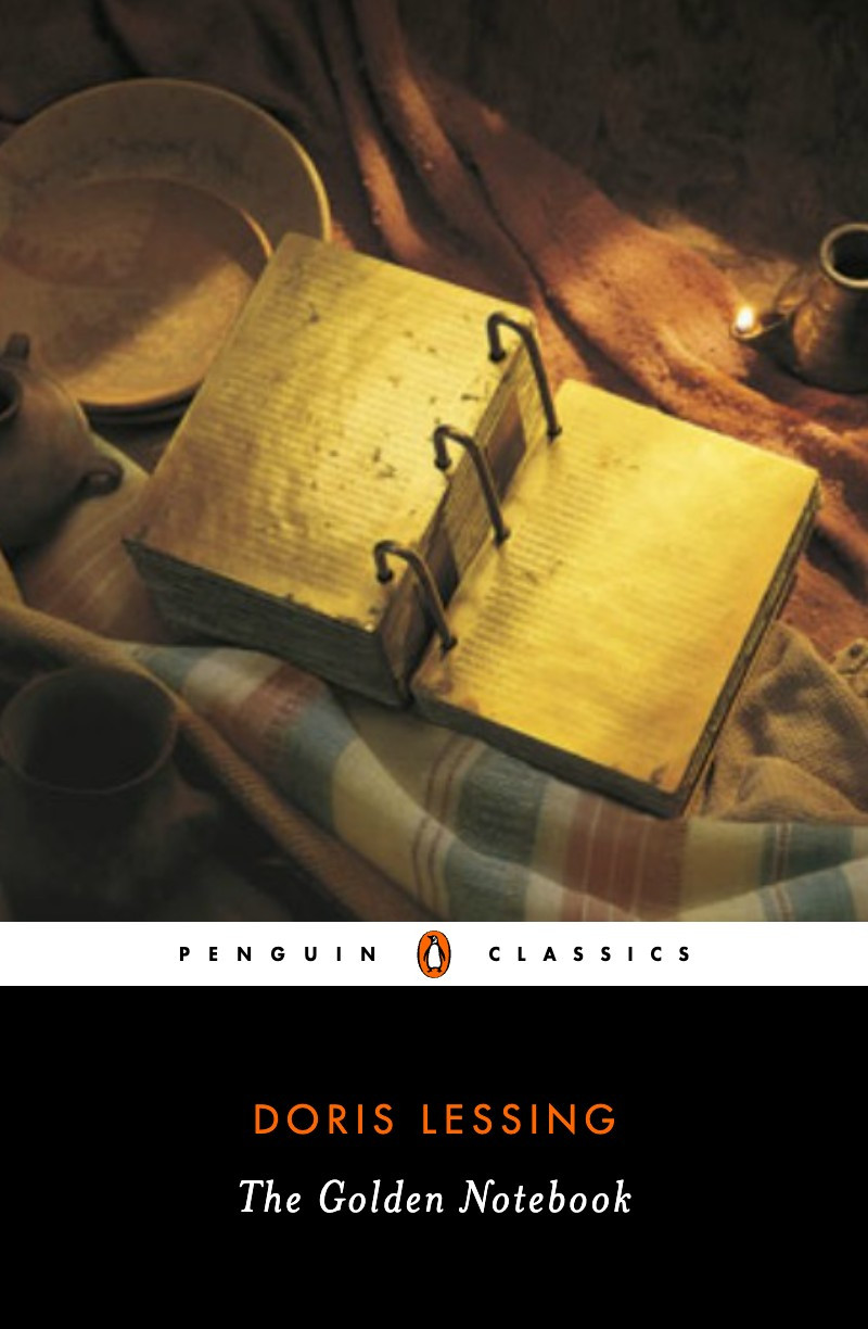 Penguin Classics cover of The Golden Notebook by Doris Lessing. cover image is the bound golden plates purported to contain the text of the book of mormon