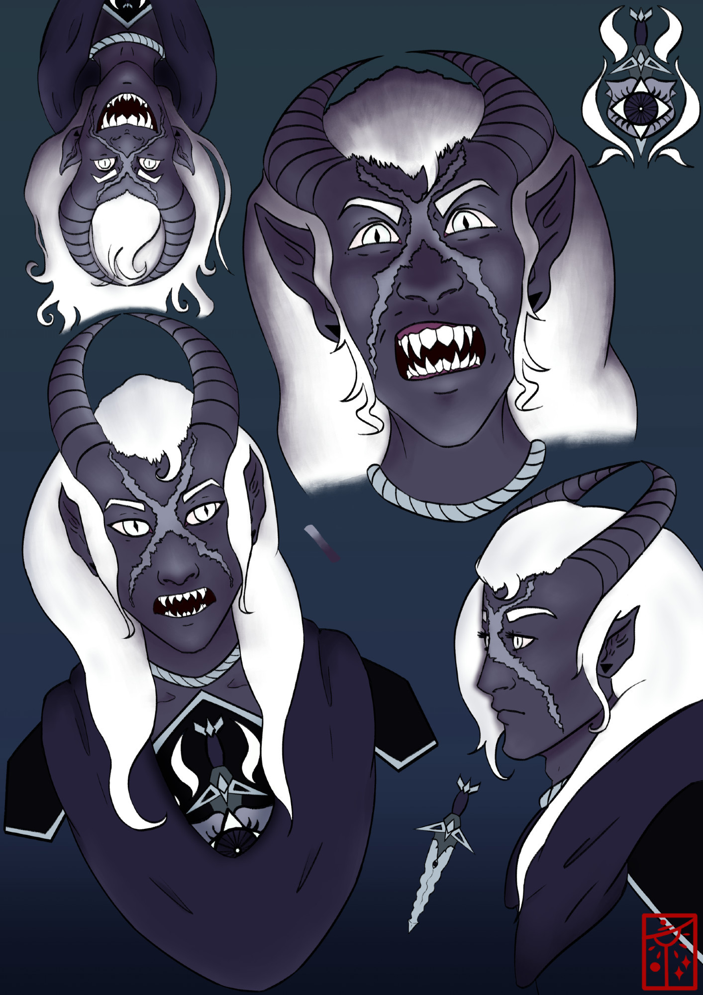 a series of four busts of the tiefling from the previous image. from left to right and top to bottom, abynon hanging upside down with a scary grin, him standing normally with an open mouth displaying a disgusted scowl, him mid-speech in a neutral expression, and a profile shot of him with a blank expression. there is also a dagger design in the bottom middle, and a full view of the chestplate design in the top right; a grey dagger behind a silver shield with a purple and white eye motif, surrounded by white flame accents.