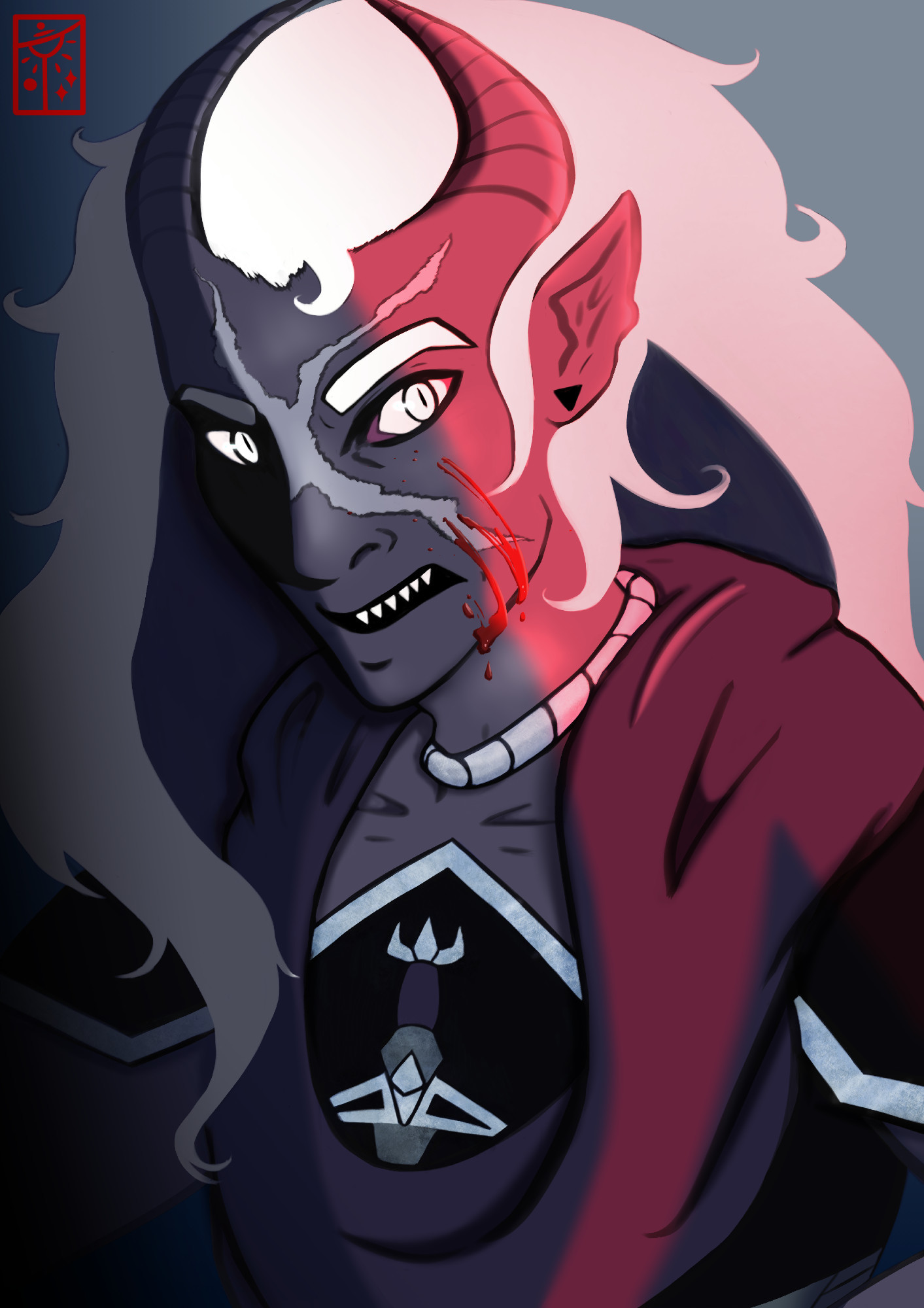 a bust illustration of a disgusted looking grey-skinned tiefling with long white hair, and silver eyes facing to the left of the screen. he has a large X-shaped scar across his face centered on the bridge of his nose. a blood splatter drips off the side of his jaw facing the camera. he wears a loose hood, that obscures part of his chest. a partial dagger design is shown above the droop of the hood.