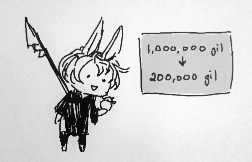 FFXIV Viera OC Navarre staring at a small coin purse in shock. The contents have gone from 1,000,000 gil to 200,000 gil...