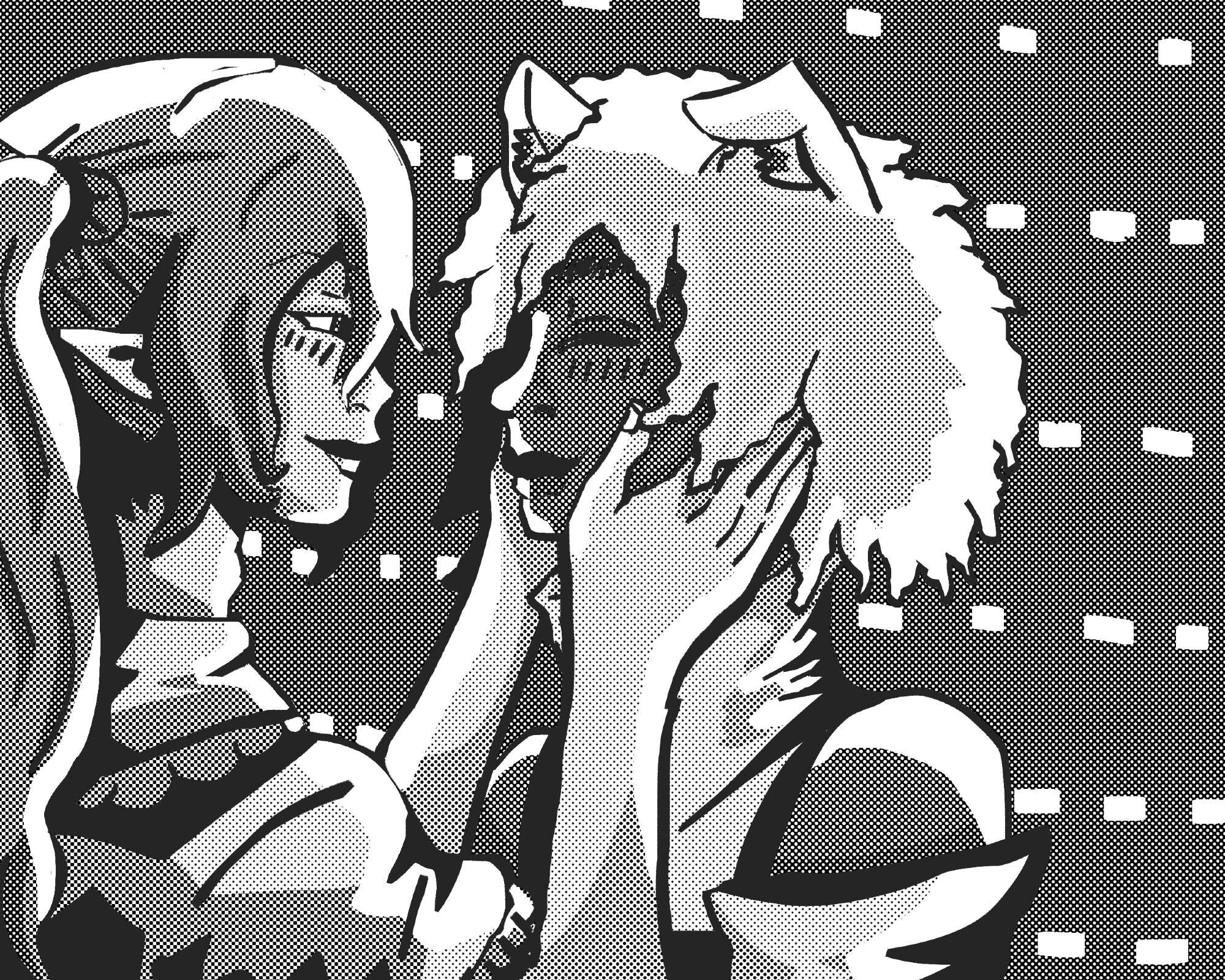 sketchy drawing of momiji and hatate from touhou project, hatate is tenderly holding momiji's head between her hands as momiji smiles with her eyes closed, content in the warmth. They're drawn in greyscale halftones illuminated by bright lights that contour them as if backlit by small flourishes of light peeking through closed blinds.