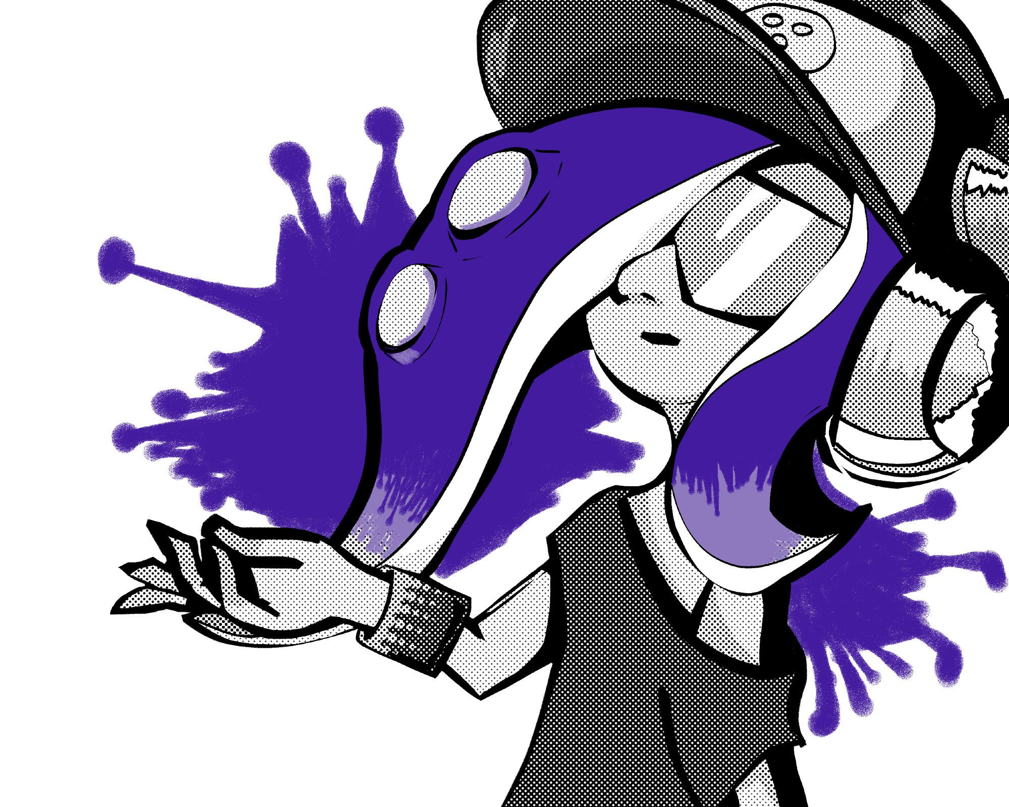 A drawing of Acht / dedf1sh from Splatoon 3, leaning their head back with one hand outstretched as if looking down on someone, monochrome coloring painted with halftones strongly contrasted by a striking splash of dark violet-blue for their hair tentacles which splashes into the white background in inky/spray style blotches.