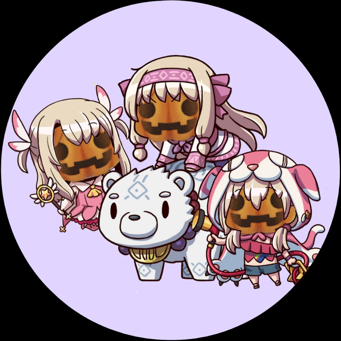 3 Illyas wearing a pumpkin mask. Shirou the Bear (Dog) is there too.