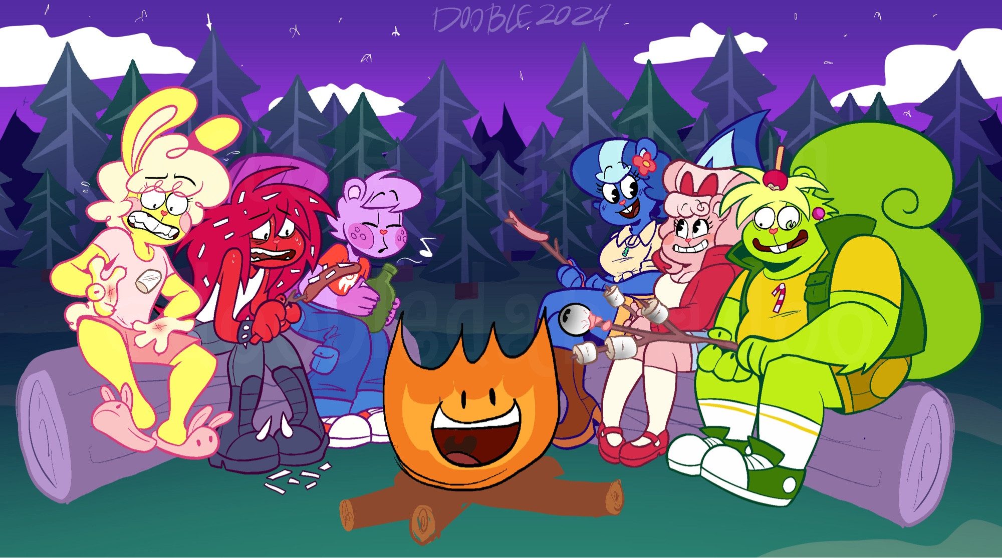 A digital illustration of Cuddles, Flaky, Toothy, Petunia, Giggles, & Nutty all sitting around campfirey, the newest BFDI contestant! This is a redraw to the character selection scene in Deadeye Derby, except all six characters are more humanoid animals.