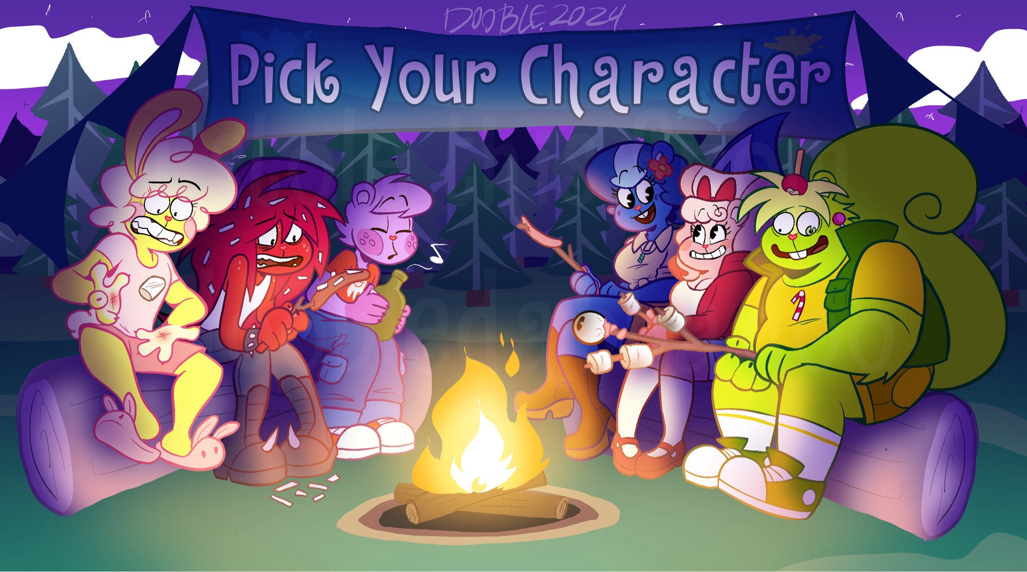 A digital illustration of Cuddles, Flaky, Toothy, Petunia, Giggles, and Nutty sitting around the campfire. This is a redraw of the character selection scene from Deadeye Derby, except all six characters are more humanoid animals.