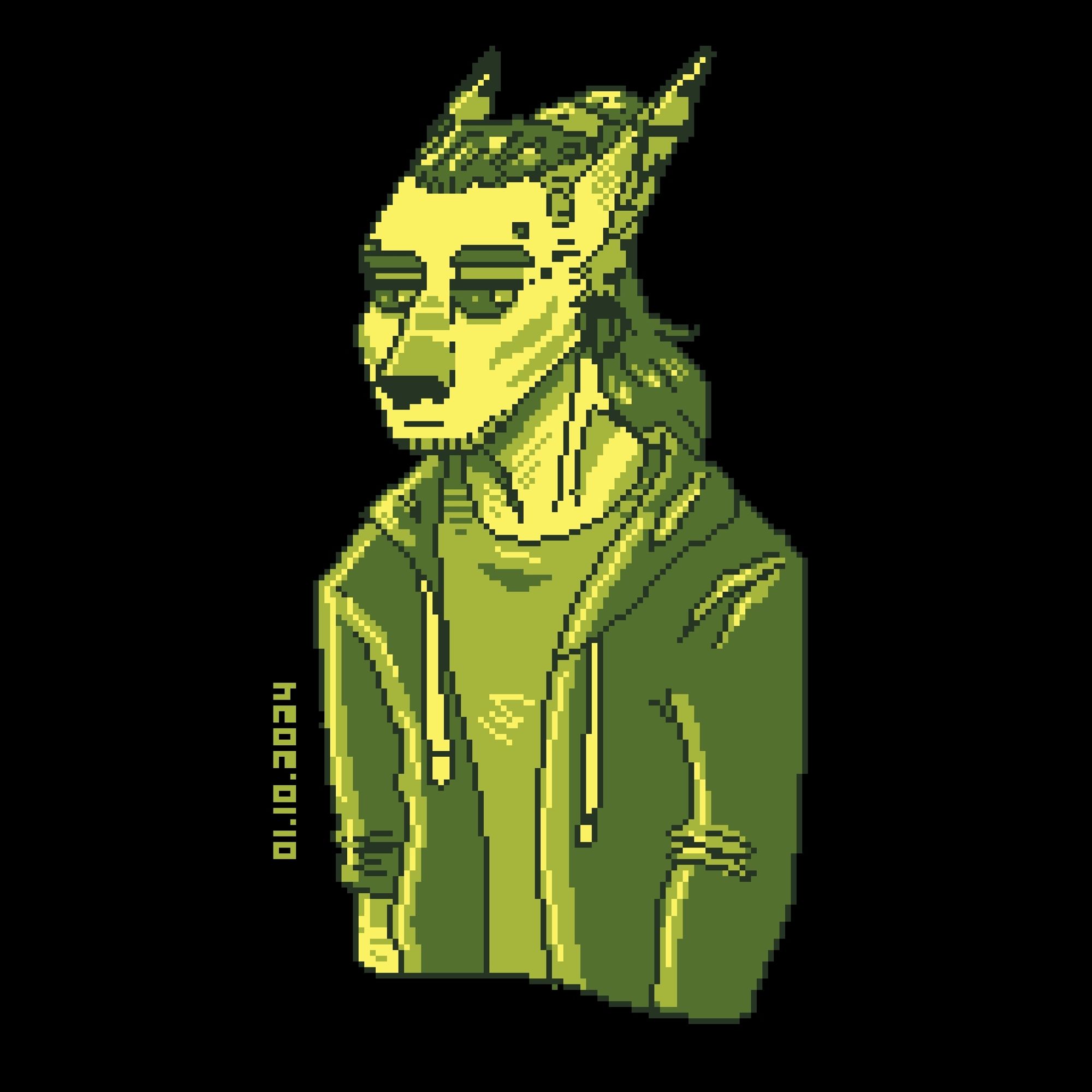 Monochromatic pixel art of my fursona. Shades come from yellow to dark green, like old fashioned games.