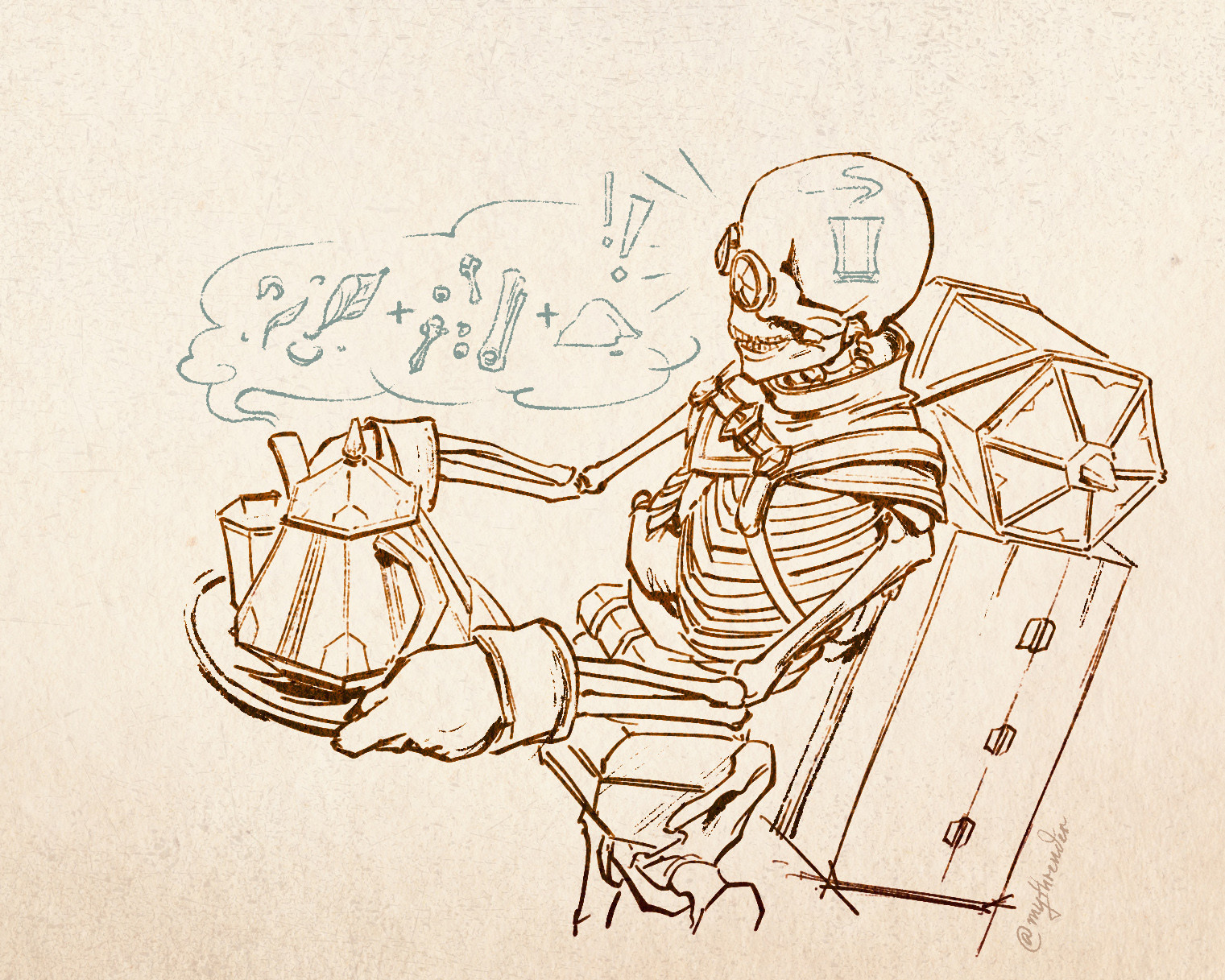 Manfred the skeleton in a similar inked line style, holding a tray with a teapot and cup. Steam spiralling out from the teapot creates a cloud akin to a thought bubble, in which Manfred visualises the components of the tea: leaves, spices like cinnamon and clove, sugar.