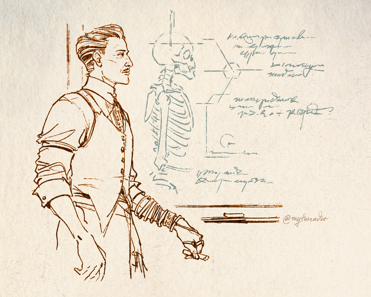 Drawing of Professor Emmrich Volkarin in an inked line style, in front of a blackboard with a chalk diagram of a skeleton and scribbled labels, handwriting vaguely based on the Sutterlin script.