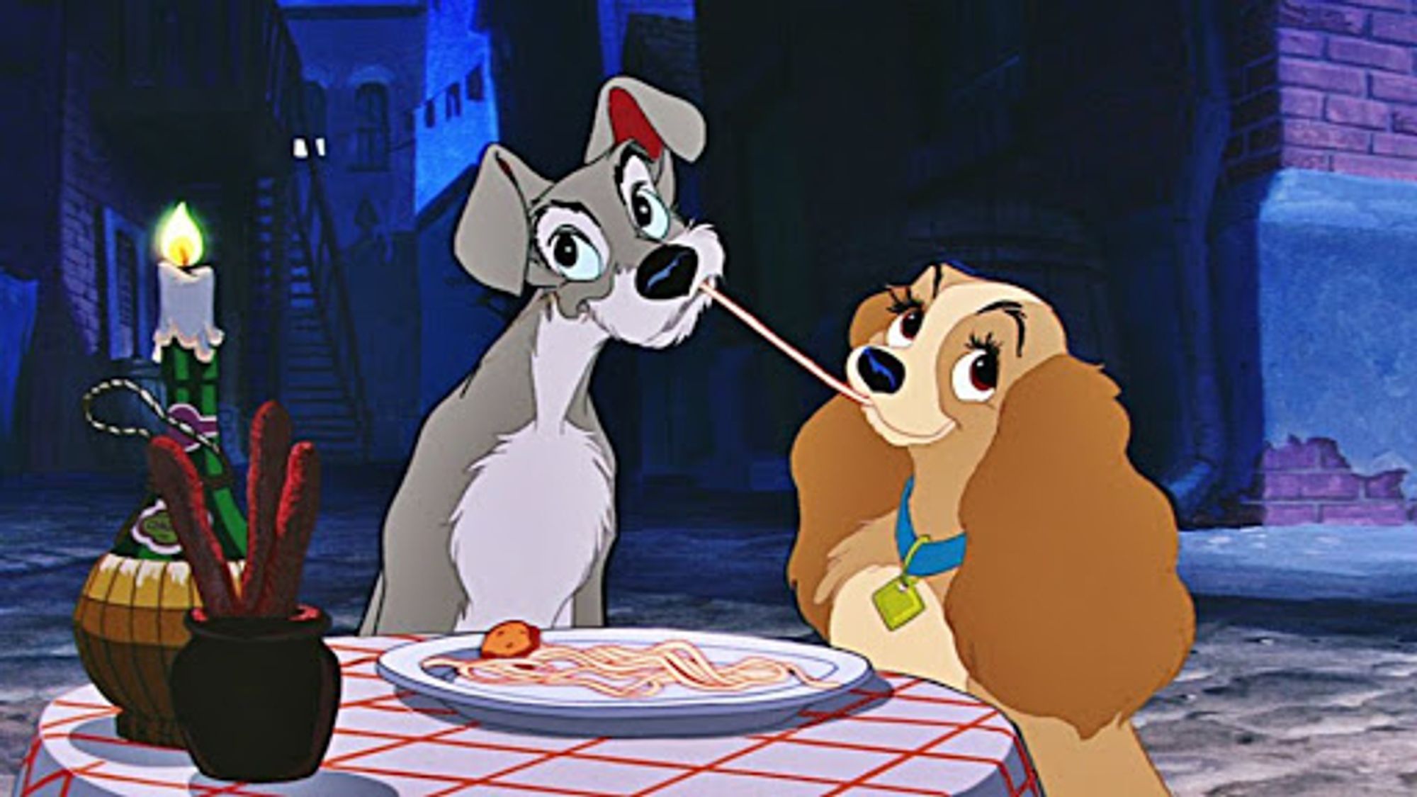 Lady and Tramp during the famous spaghetti scene.