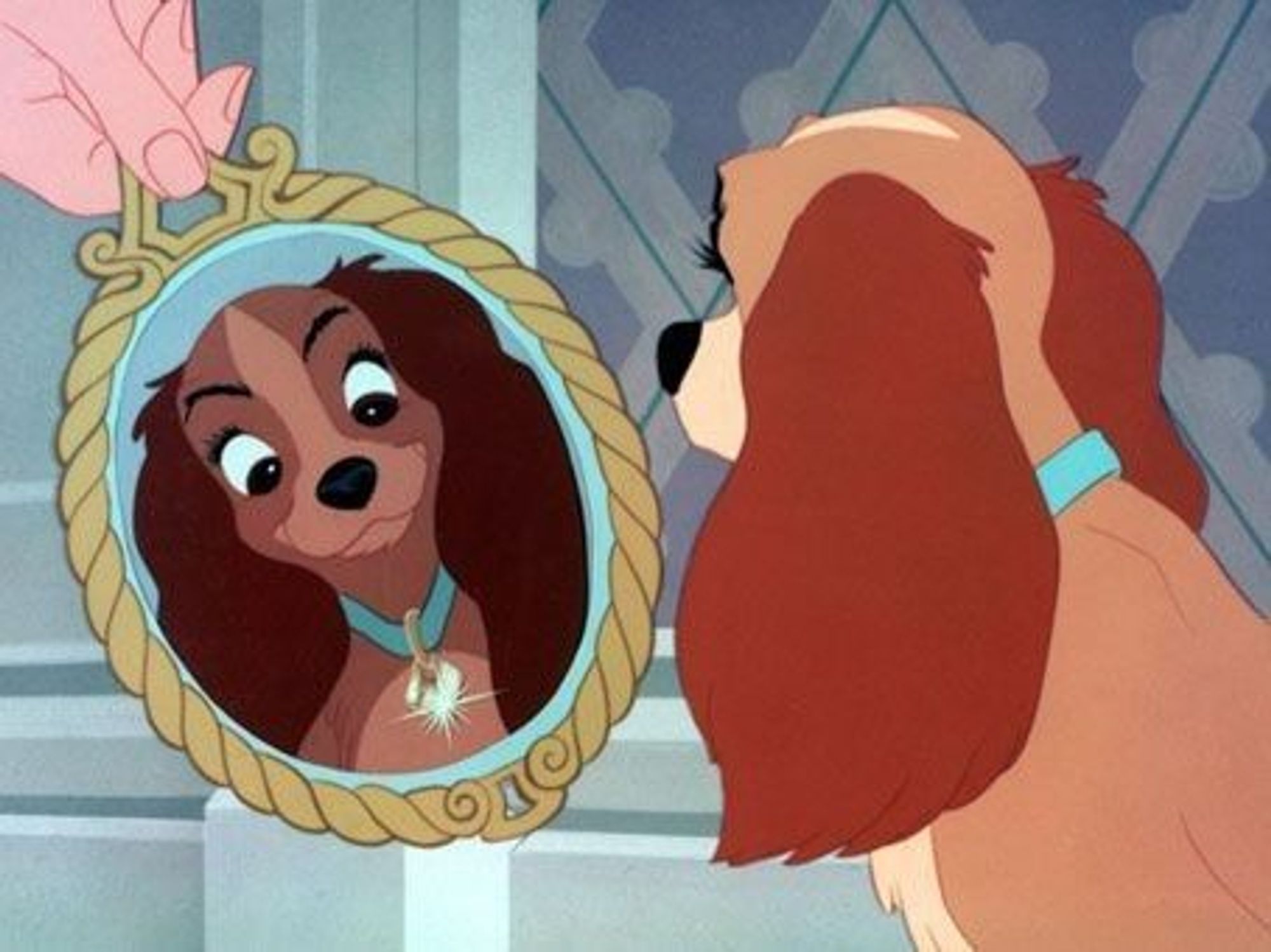 Lady from Lady and the Tramp looking at herself in the mirror, admiring her collar.