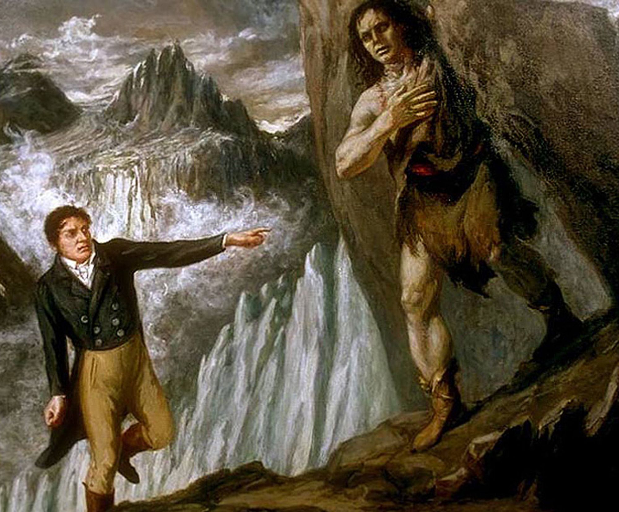 Painting showing Victor Frankenstein meeting the Creature in the mountains.