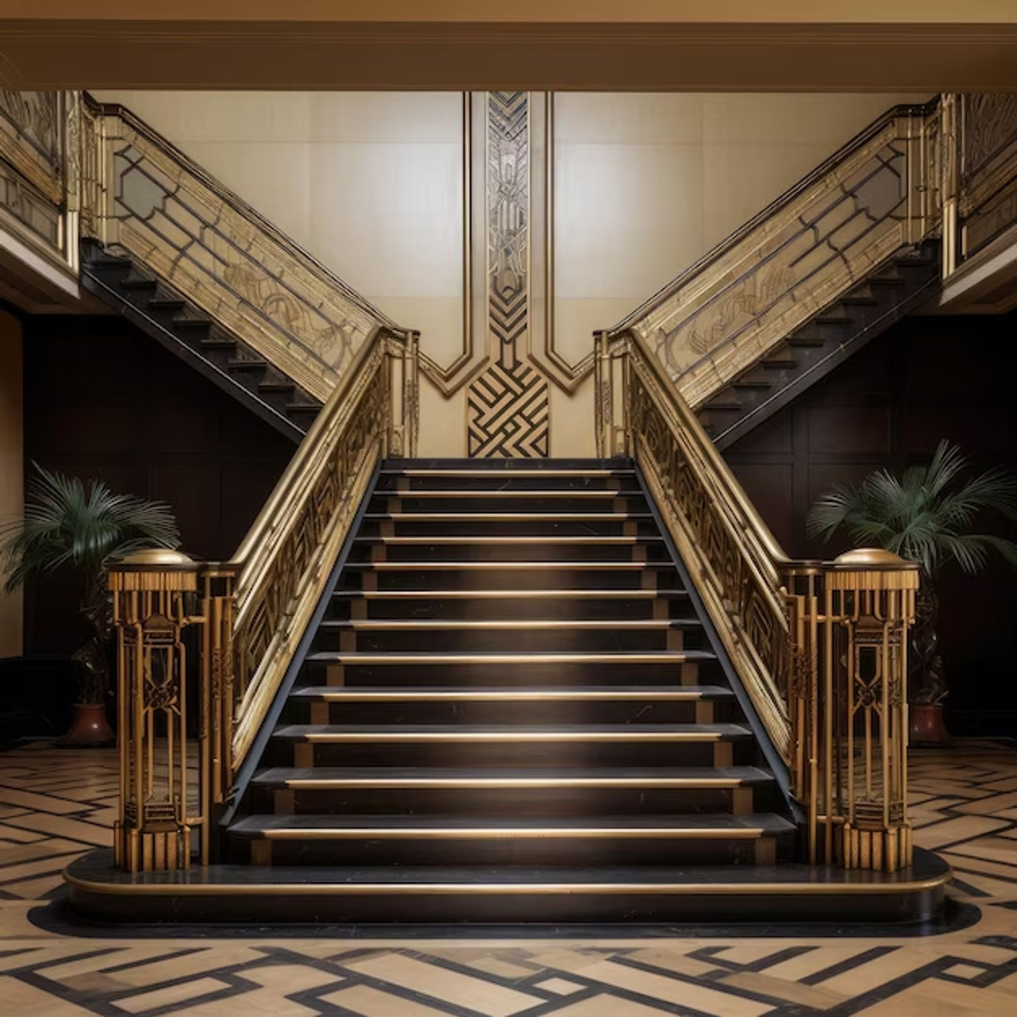 Art Deco staircase. An angular, grand design in dark colors.