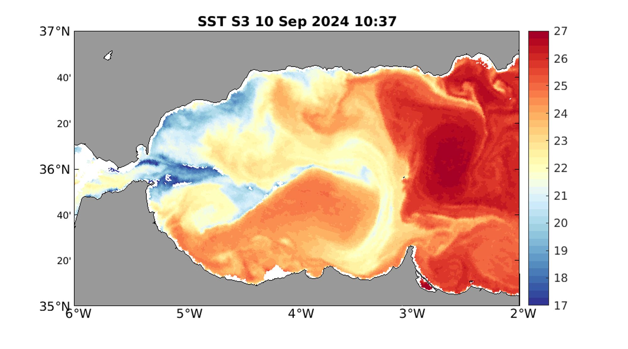 Map of Alboran sea. Land is in grey. Red is water at about 24-26 degreesC, blue is about 20 degreesC.