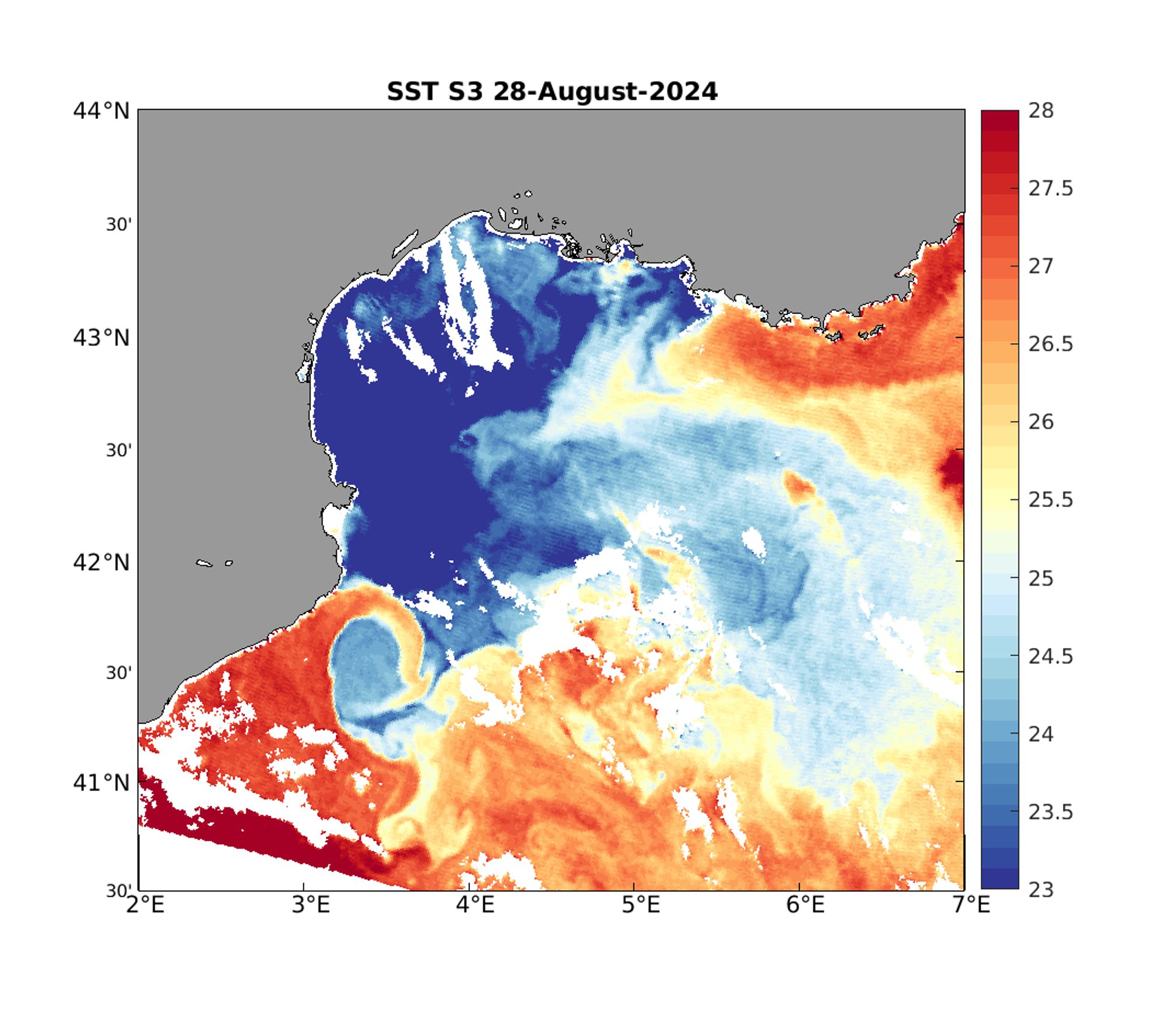 A map showing temperature of the sea (red is about 27 degrees C, blue is about 23 degrees C), land in grey and clouds in white. The patterns show swirling structures with large changes in temperature.