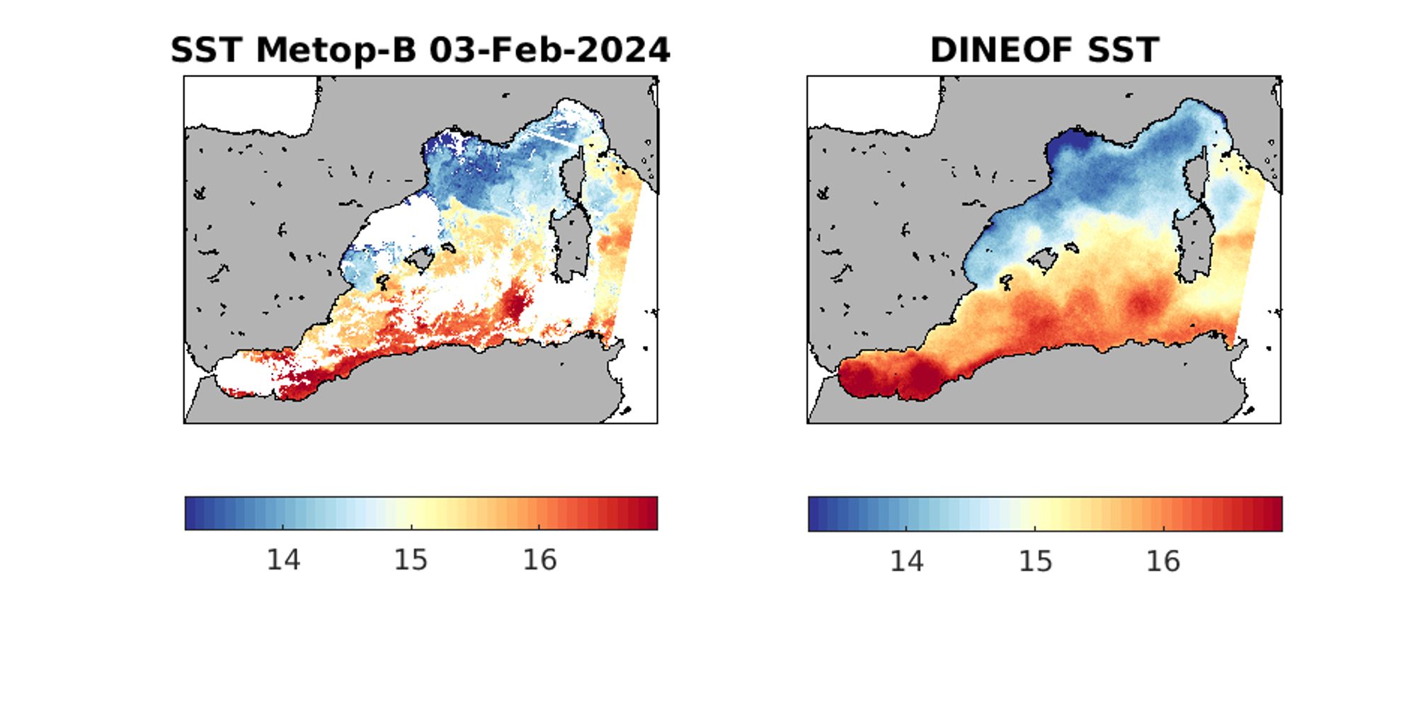 Two figures showing sea surface temperature in the western Mediterranean Sea, one with white patches that shows clouds and the other interpolated (no white patches) with DINEOF. Red colours ar e16-17 degreesC and blue colours are 14 degreesC and less. Land mass in grey. Each frame is a day, from 3 February to 4 March 2024