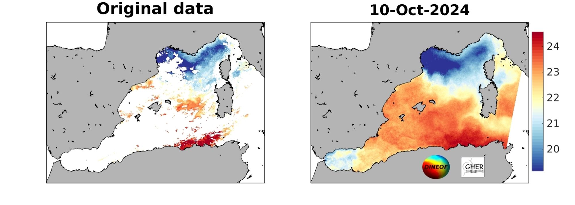 Two images of sea surface temperature of the western Mediterraean sea, left with clouds in white, right reconstructed with #DINEOF. Grey is land, red is ~24°C and blue is ~19°C.