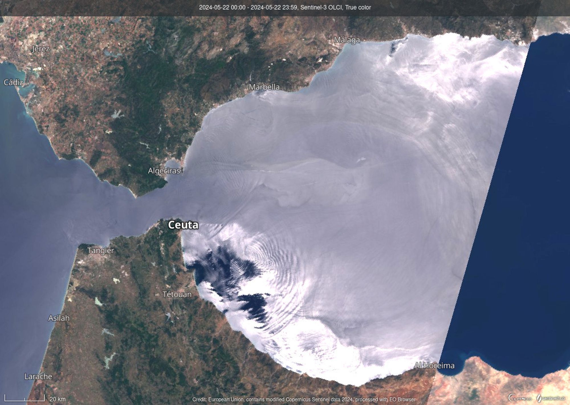 Image of the Alboran Sea seen by satellite, in blue/light blue and the surrounding land in brown/green