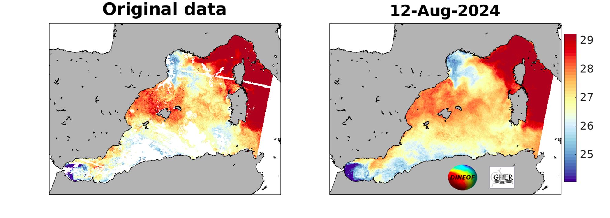 Two images, showing (left) original cloudy sea surface temperature measured by the satellite Metop-B on 12 August, and (right) reconstruction using DINEOF. Colours indicate warm (red) to cool (blue) temperatures, scale changes each day to adapt to image. White patches are clouds.