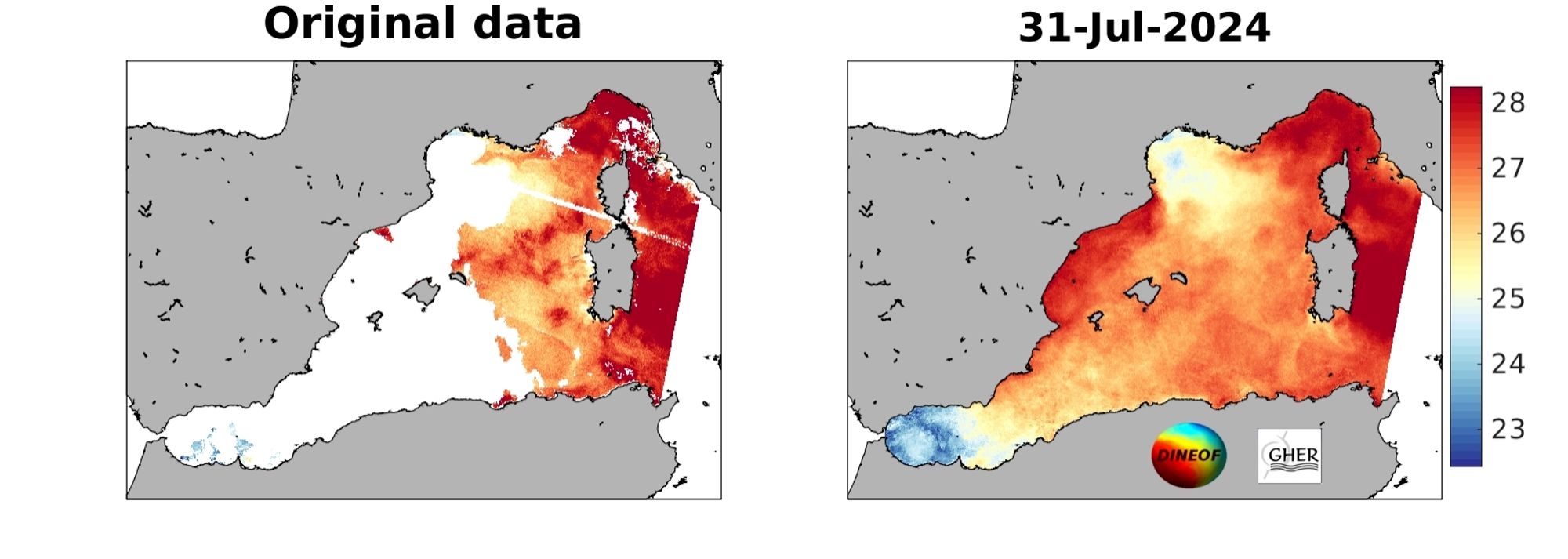 Two images showing western Mediterranean Sea surface temperature. Gray is land, blues are ~23°C and reds are ~27°C. Left image has clouds in white, right image is reconstructed (no clouds) with DINEOF