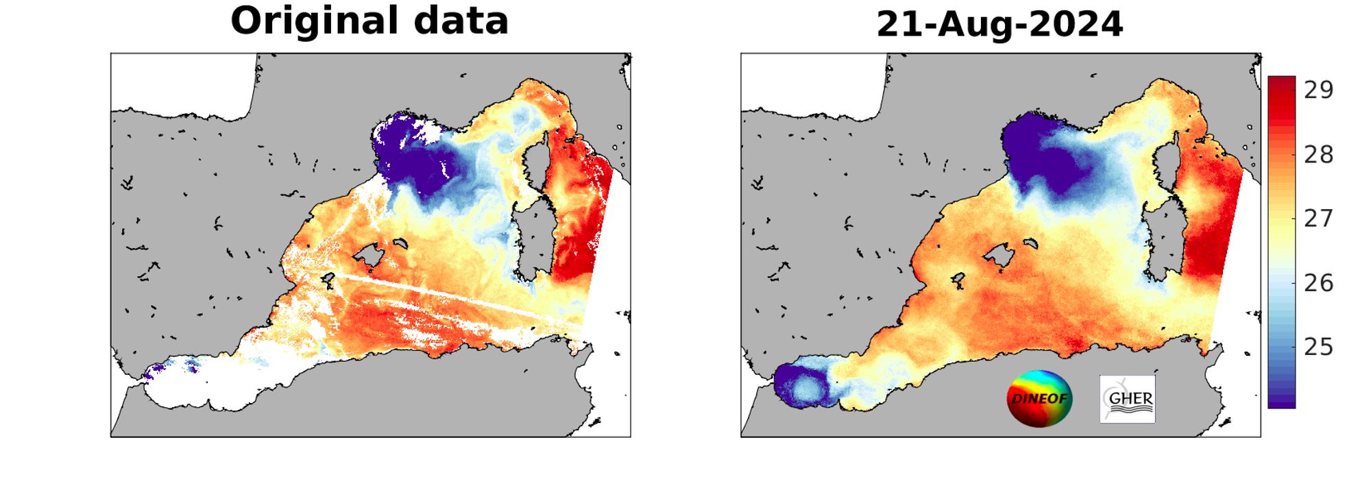 Two images, showing (left) original cloudy sea surface temperature measured by the satellite Metop-B on 21 August, and (right) reconstruction using DINEOF. Colours indicate warm (red) to cool (blue) temperatures, scale changes each day to adapt to image. White patches are clouds.