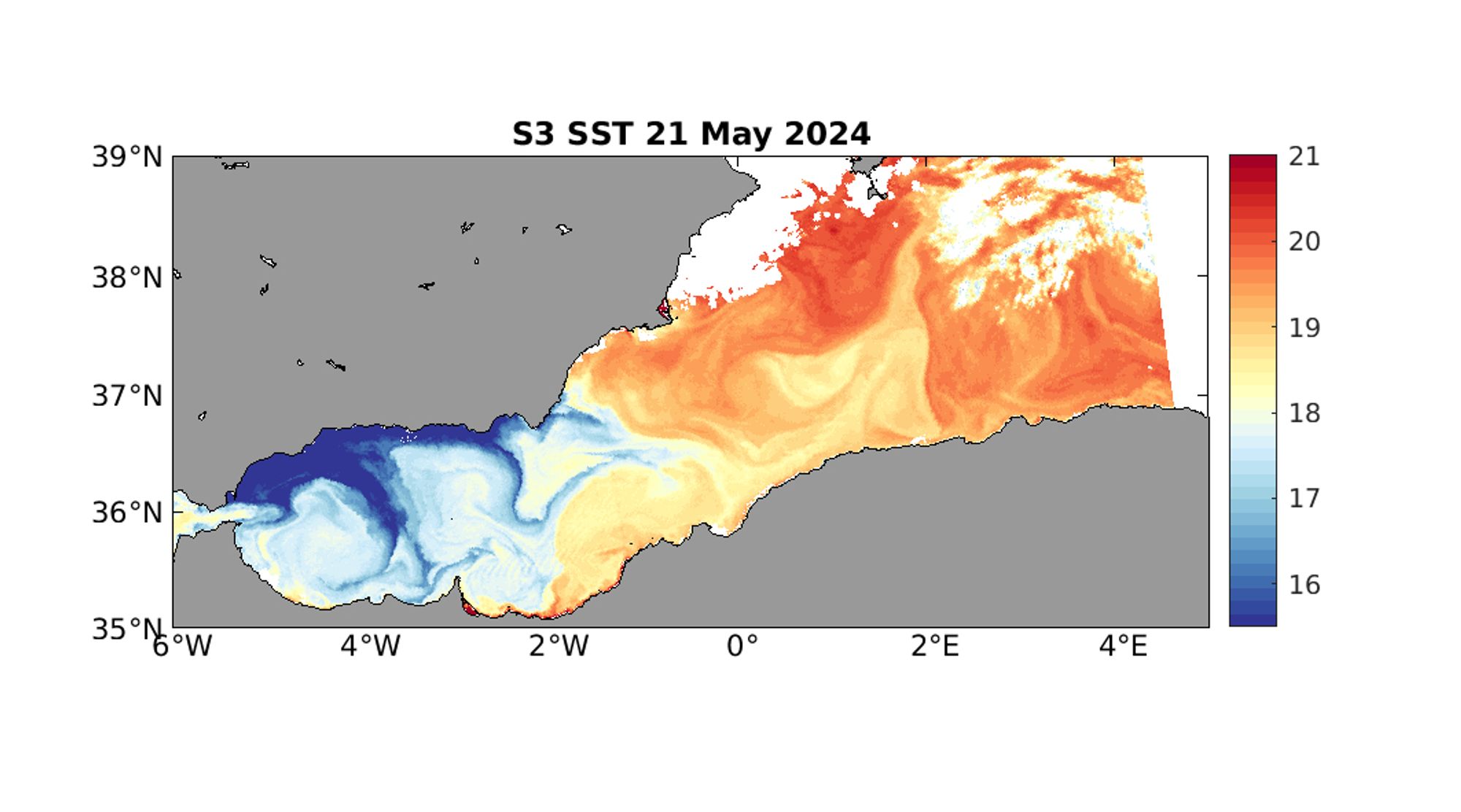 Map showing sea surface temperature: red is ~20 degrees C and blue is ~16 degrees C. Land is in grey and clouds in white.