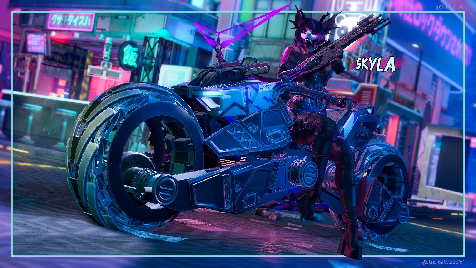 As mentioned! Mostly gonna be posting commissions this week. 

And this time 2nd (out of 4) commission photos for @SkylaTretyakova 

📸 by: Your local nerd
Taken at NeoCity: https://tinyurl.com/NeoCitySL 

#SecondLife #VirtualPhotography #shark #cyberpunk #bike #neon #dited