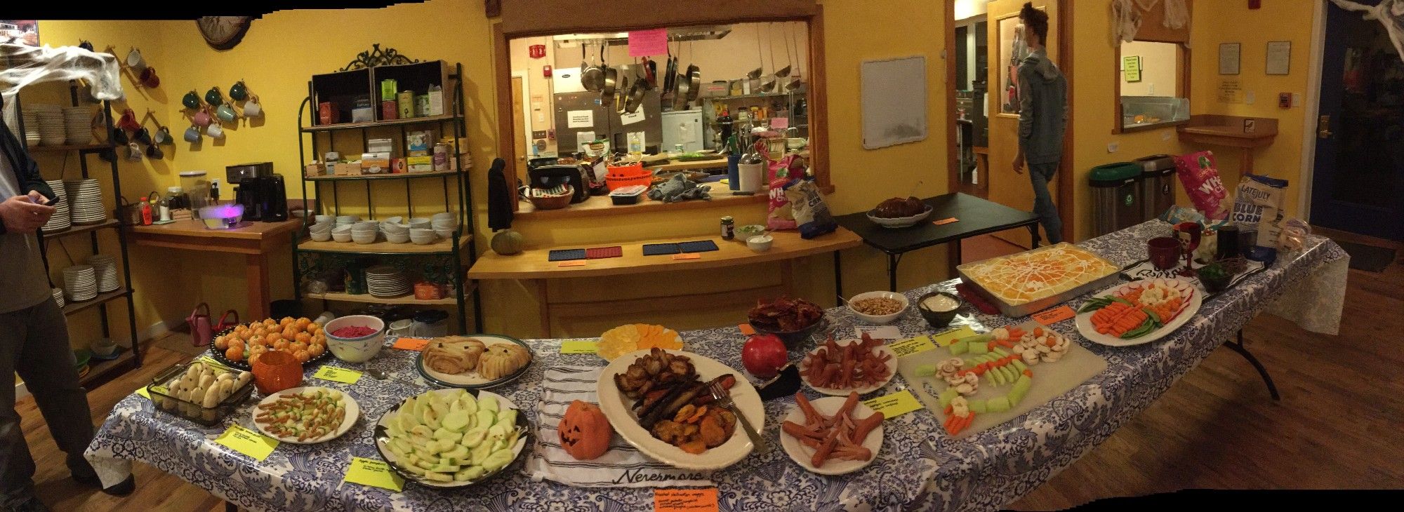 A panorama shot of the full appetizer-and-entree table, including the dishes shown in this and the previous post.