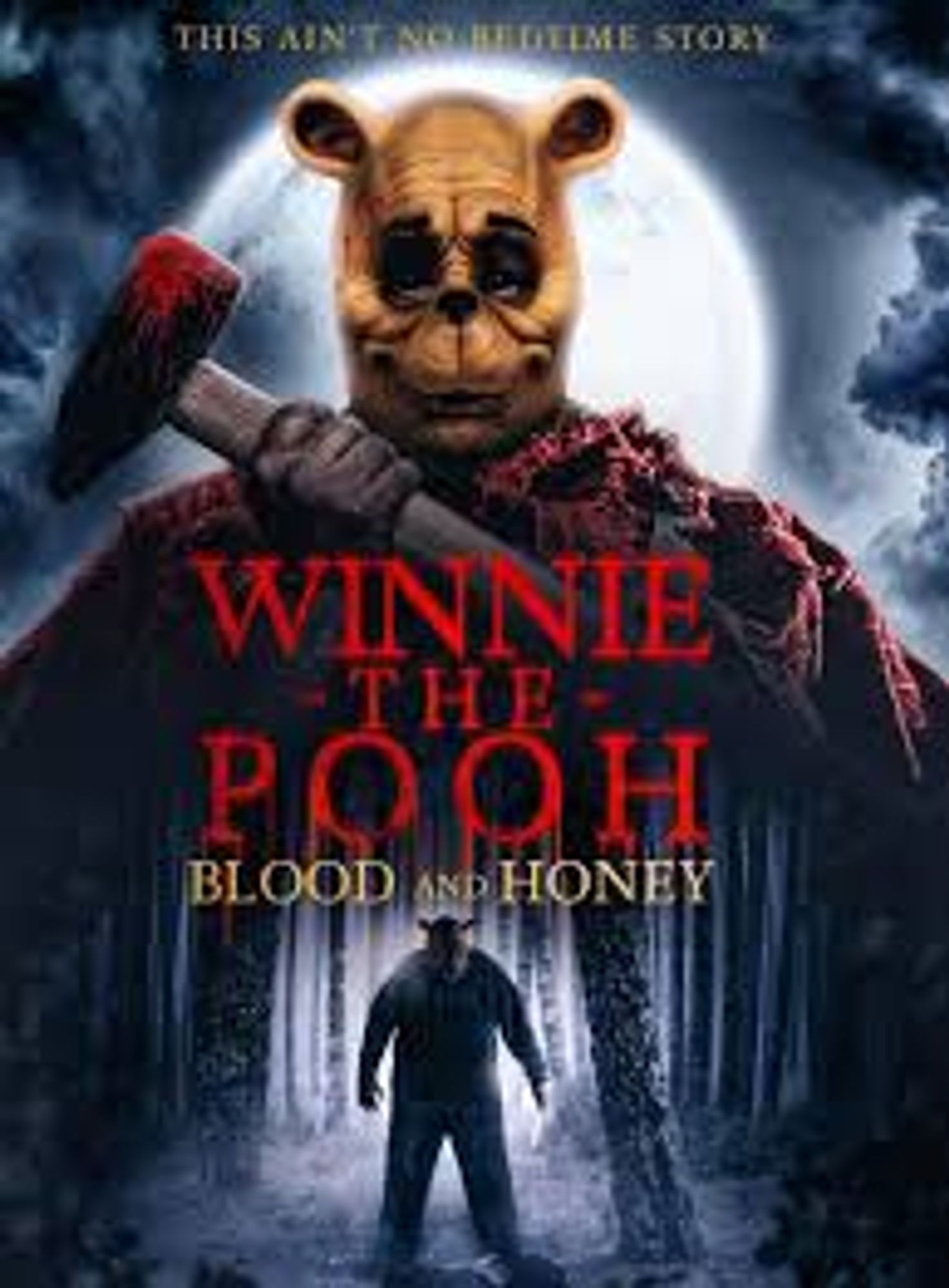 A poster for the horror movie, "Winnie the Pooh: Blood and Honey." The bottom shows a heavily backlit bearish creature in a forest. The top shows a close-up of something resembling a person in a bad bear mask holding an axe that's drenched with blood.