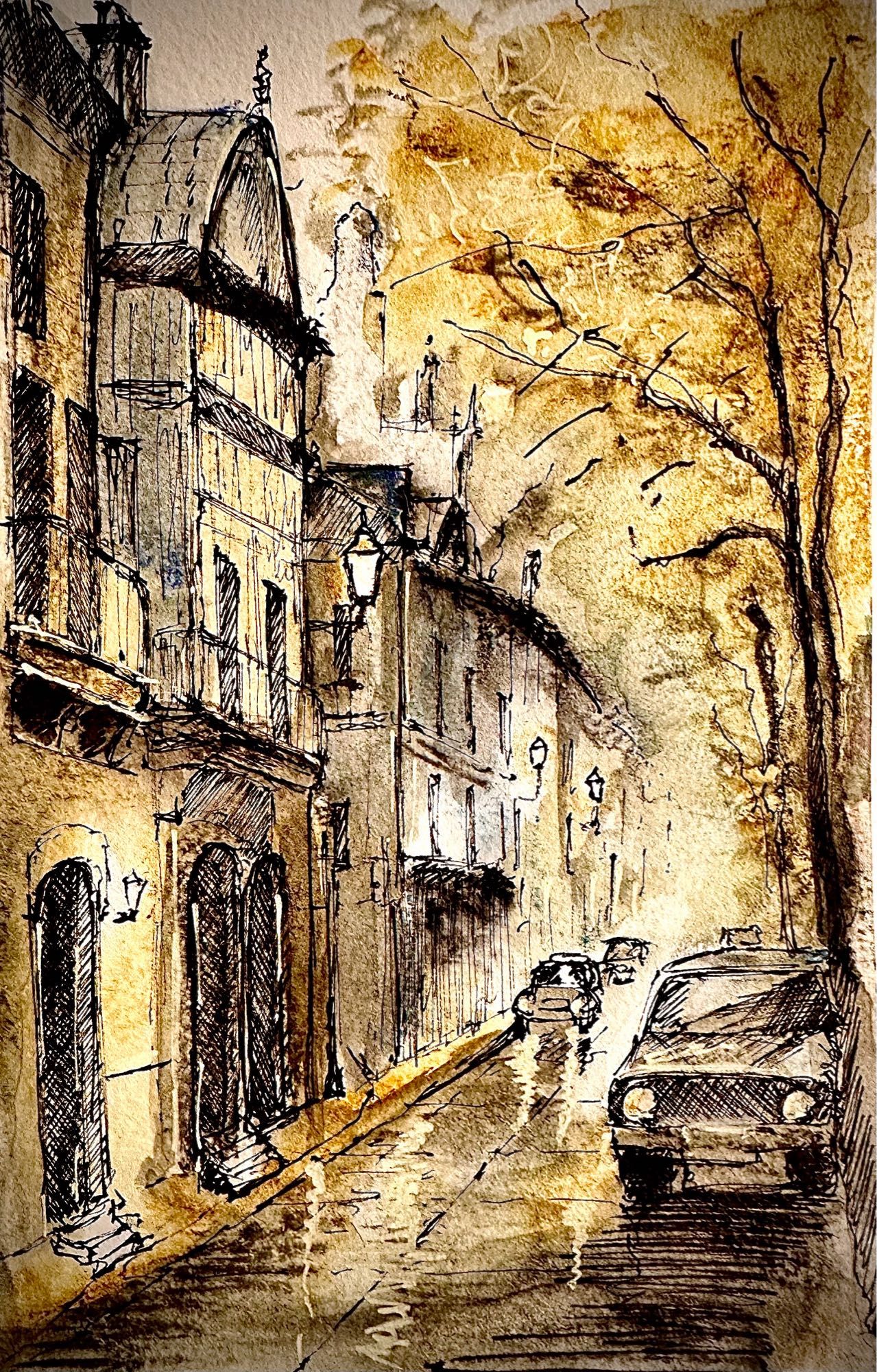 Une aquarelle de rue à la tombée du jour. Des voitures dans le fond et des bâtiments semi éclairés. Lumières jaunes et grises.