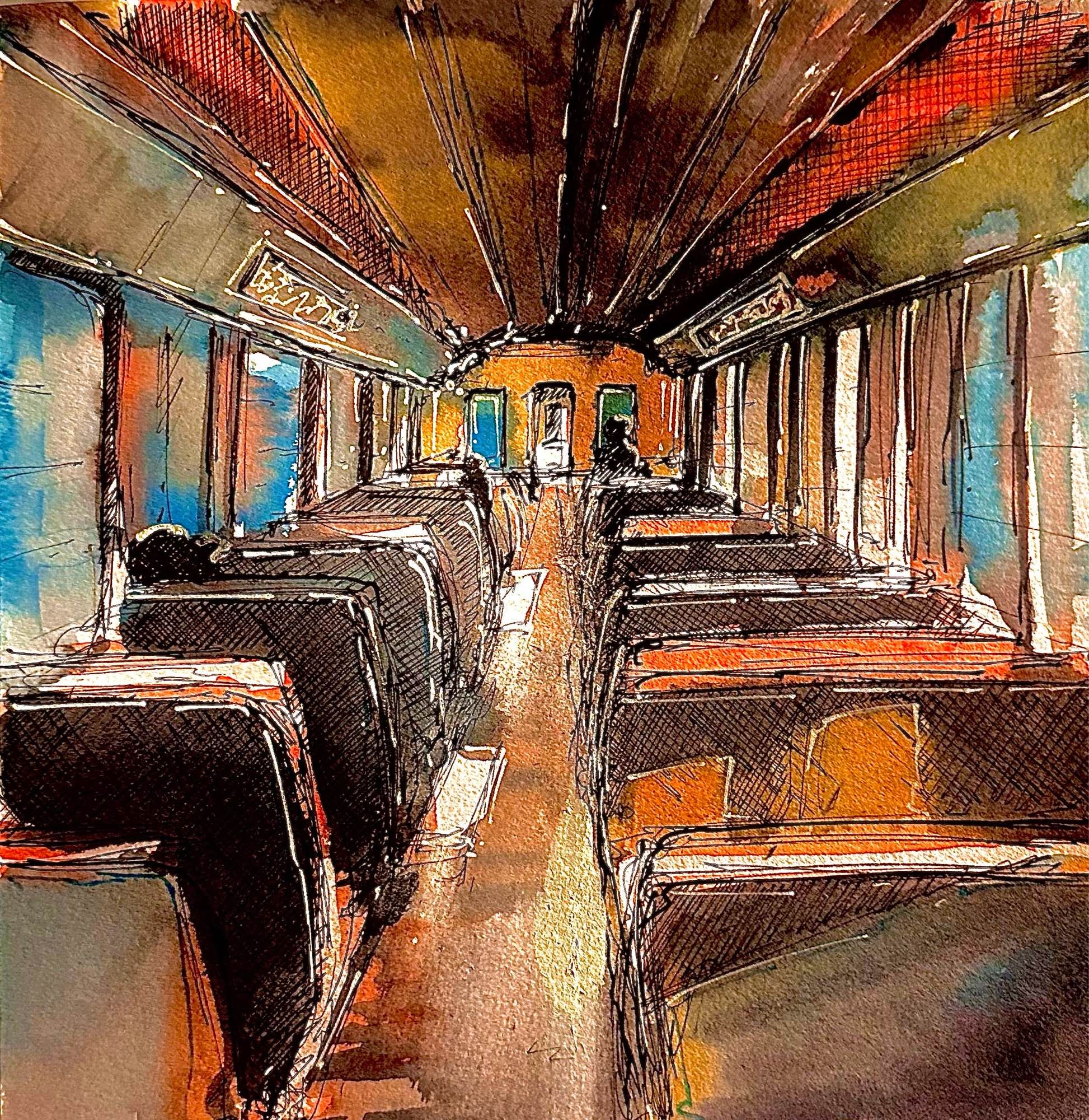 Aquarelle d’un wagon (train ou métro) 
Allée centrale. Un perso à gauche avec un casquette. Des silhouettes au fond. Des tons bleus et oranges.