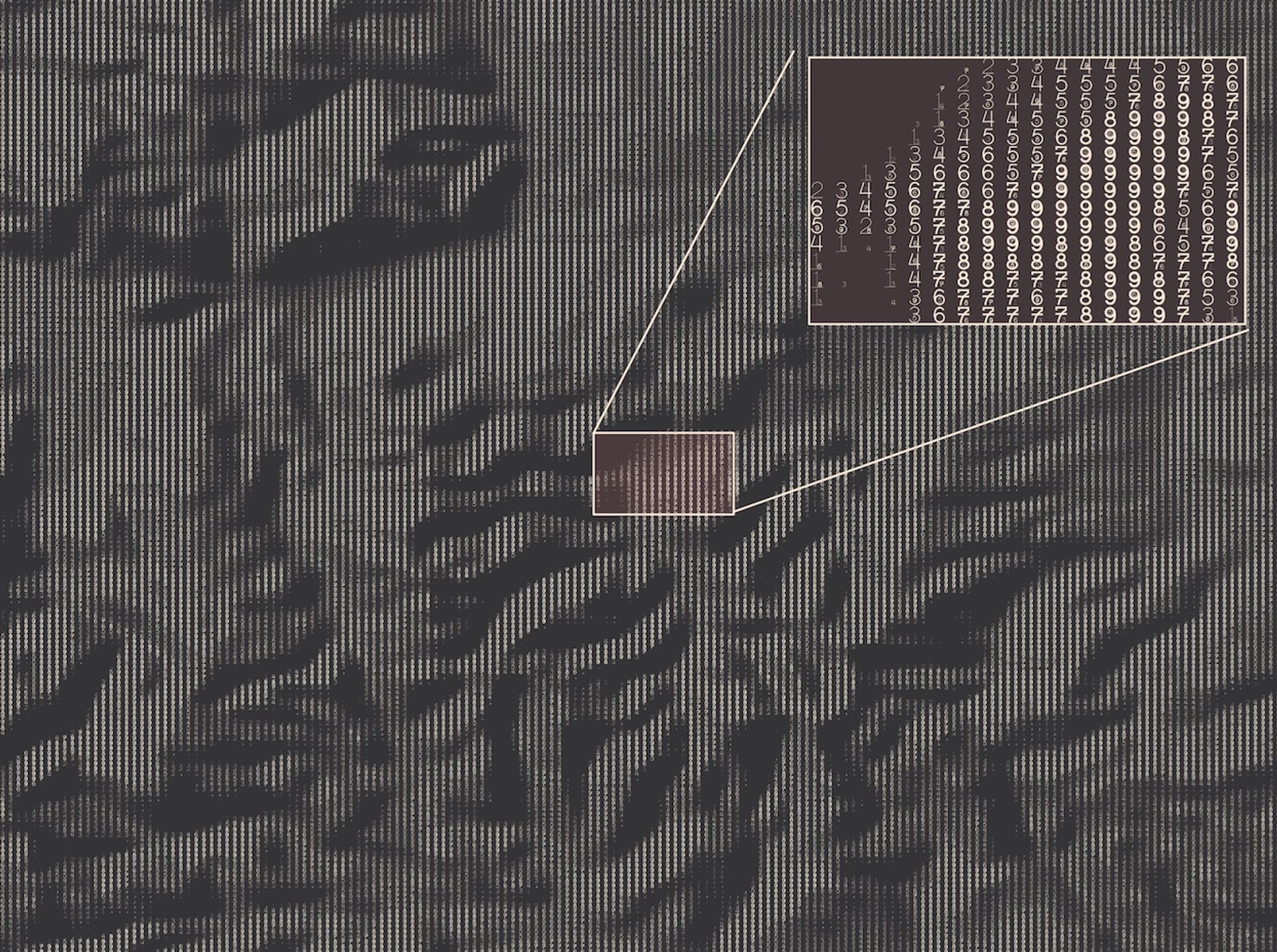 A dark shaded relief map of a NE part of the English Lake District. From a distance, the shadows and lighter parts of the surface reveal the shape of the landscape. In the centre is a highlighted rectangle of with an inset enlarged rectangle in the upper-right of the image. The inset shows a magnified view revealing that the shadow and light are produced by numbers from 1 to 100  in a font where larger numbers are 'fatter'. The numbers are a very light pink so that the fatter the font, the lighter the rectangle in which the numbers sit.