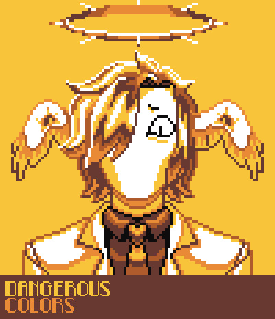 golden colored pixel art of an angel in a suit with a smug expression, a spiked halo, and wings on his head