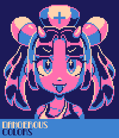 pink and blue pixel art of an anime styled nurse with small horns, small fangs, and big pigtails