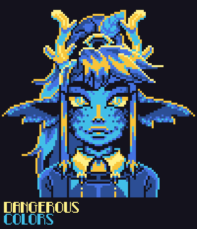 blue and yellow pixel art of a dragon-person with horns, scales on their face, and dragon ears