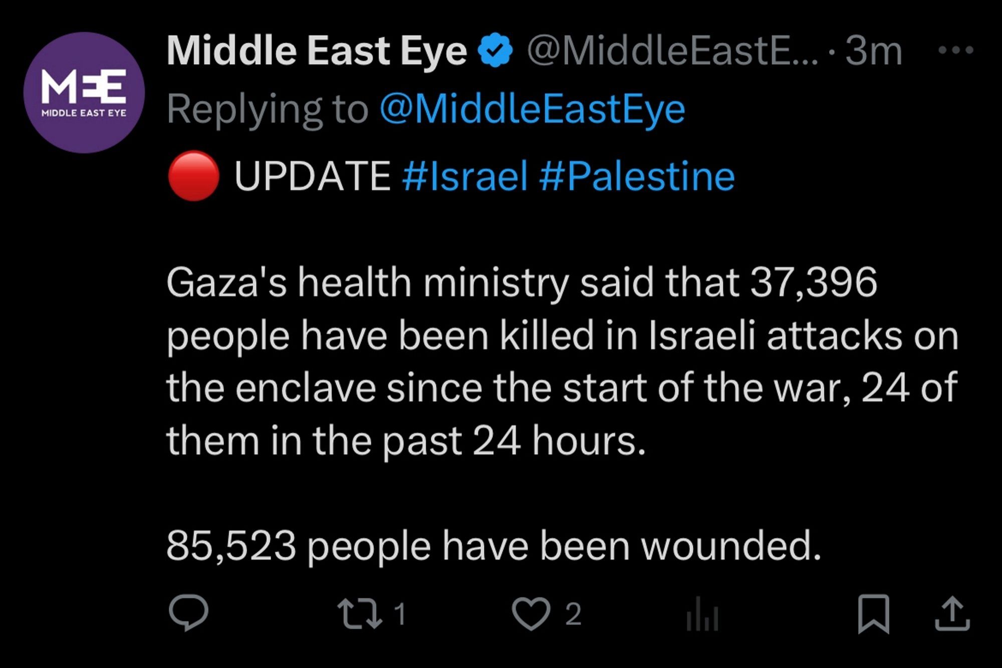 Tweet from Middle East Eye

UPDATE #Israel #Palestine

Gaza's health ministry said that 37,396 people have been killed in Israeli attacks on the enclave since the start of the war, 24 of them in the past 24 hours.

85,523 people have been wounded.