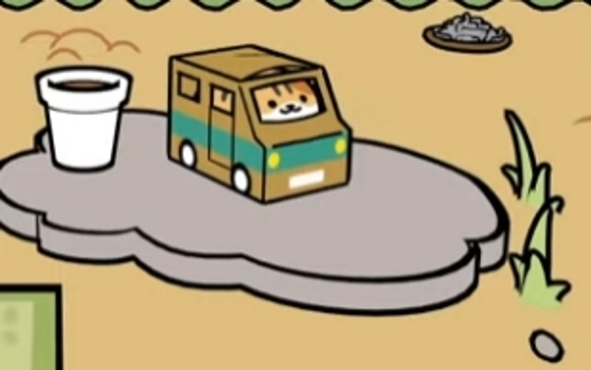 Screenshot from the game. It's a simplified cartoon style of a side yard of a house with little tufts of grass and a lot of sand. In the middle is a cloud shaped piece of flat concrete with a white flower pot and a small toy cardboard bus. Inside the bus is a finger cat with white chin and he is STUFFED in there, filling the whole bus. His goofy lil smiling face fills the windscreen. So cute!!