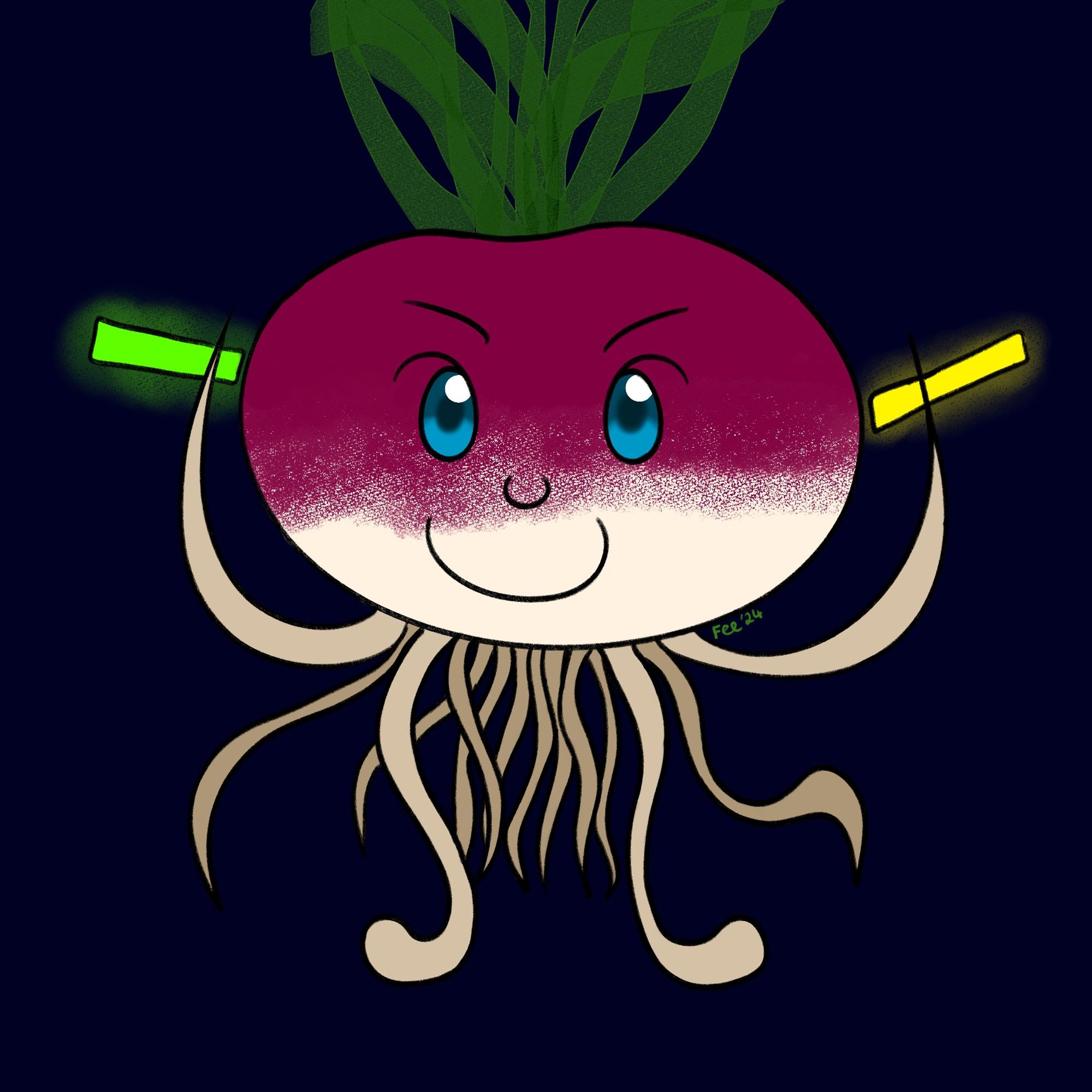 Digital art of a turnip dancing with glowsticks. He's just a little guy, vibing... One of the glowsticks is green and the other is yellow, 2 of his roots are arms and 2 others are legs. He has a green mohawky bit of leaves. He has blue eyes and a big smile! There's no background on the piece - just dark navy to offset the light colours of the piece. I do love him. My tiny signature is in green.