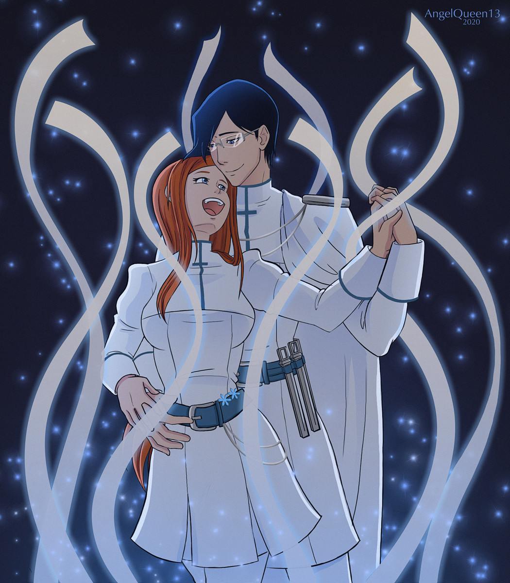 Uryu Ishida and Orihime Inous from Bleach surrounded by white spirit ribbons