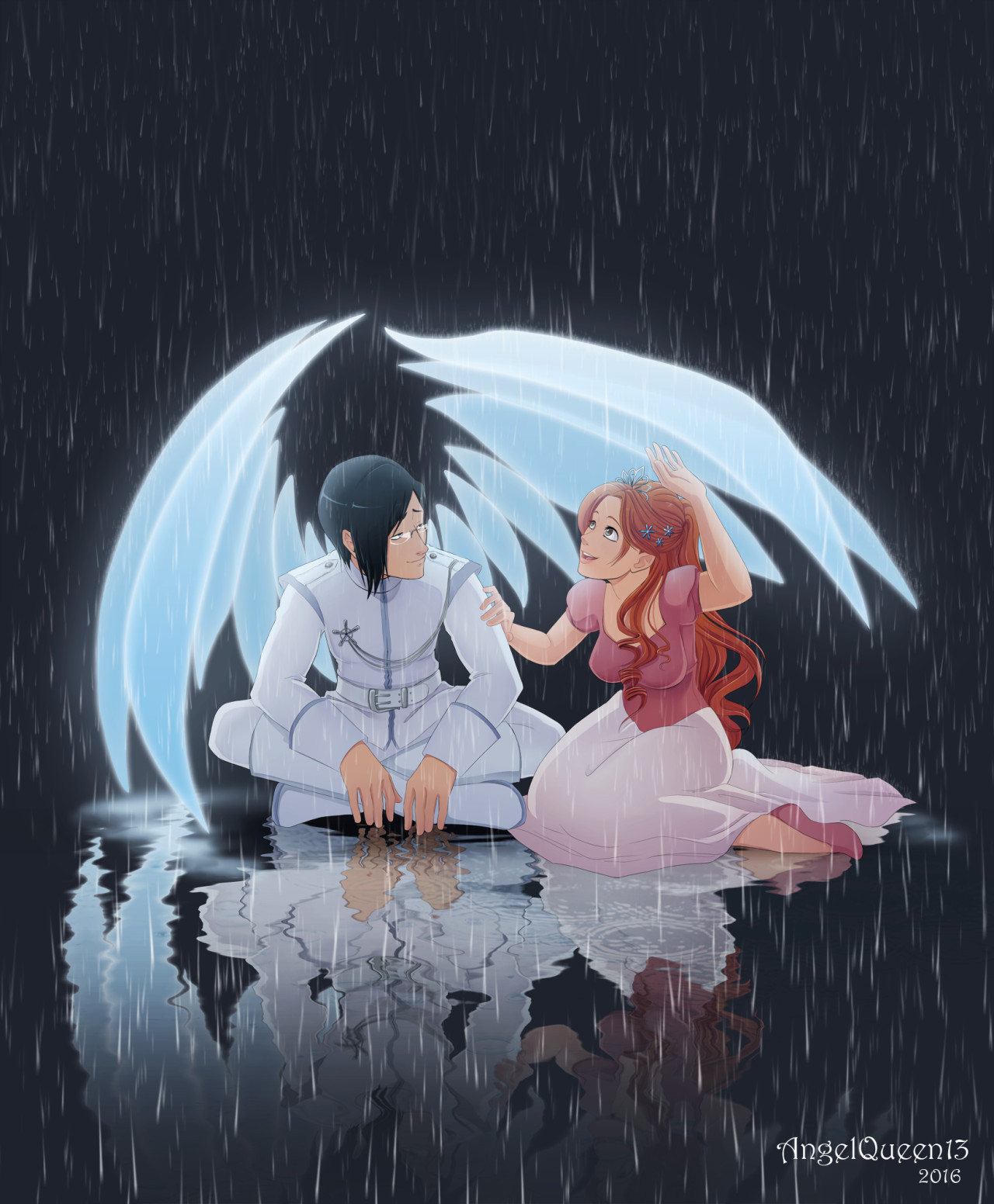 Image of Uryu Ishida as a Dragon winged prince and Orihime Inoue as a princess from Bleach in the rain. Ishida's wing covers Orihime from the rain drops as she looks up happily.