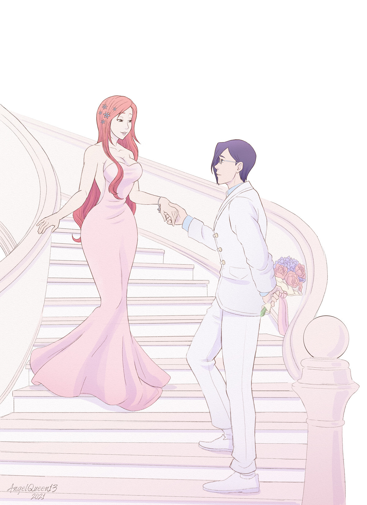 A valentines inspired pictures featuring Orihime and Uryu on a staircase. Uryu has a bouquet of flowers behind his back while his other hand holds Orihime's