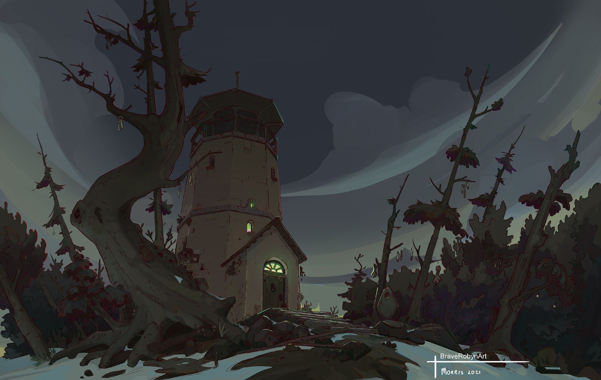 The lighthouse is surrounded by a tree and an eerie green light coming from windows.