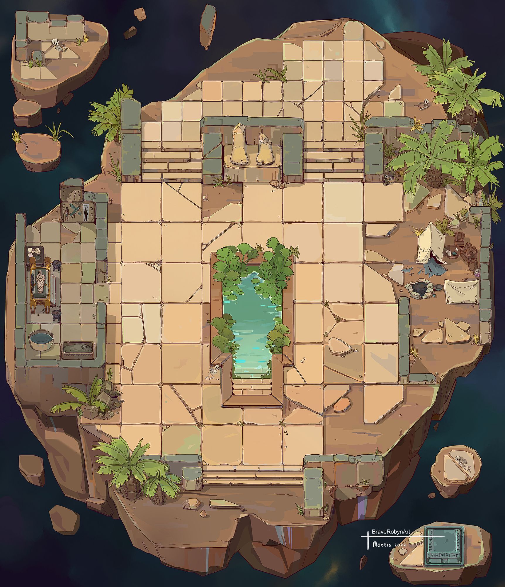 Battle map of a floating island with ruined buildings on it.