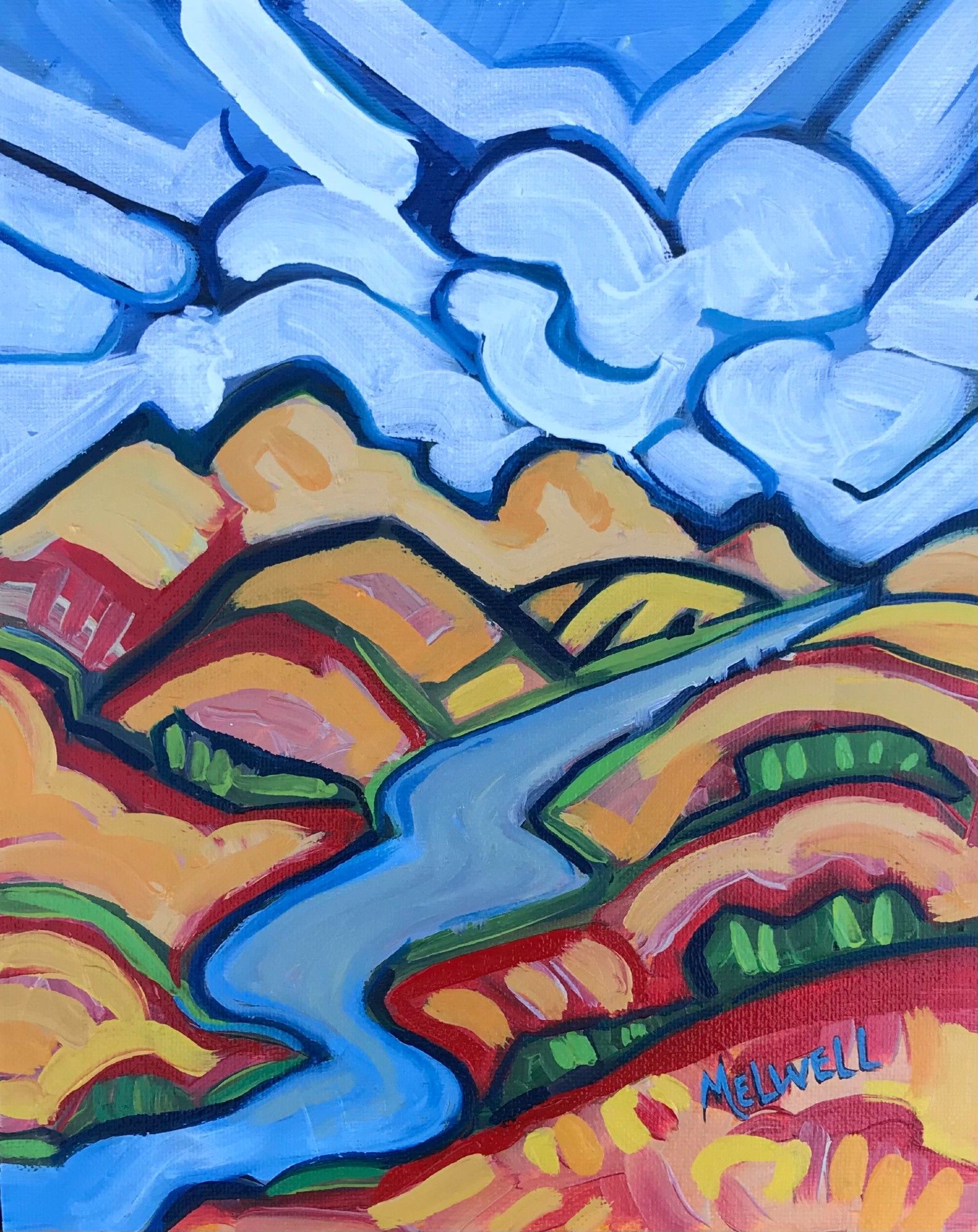 Abstract oil painting of a landscape with hills, a river, and clouds