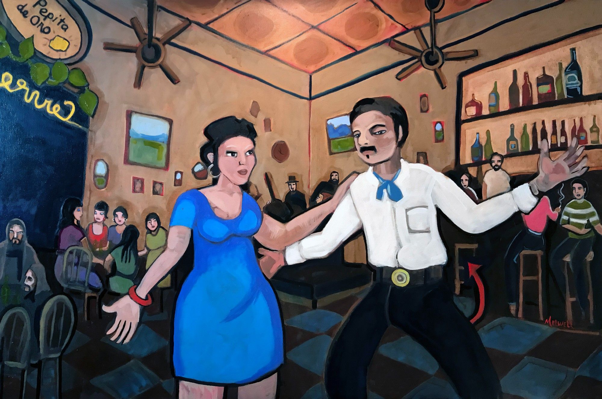 A painting of the interior of a bar in Northern New Mexico. In the foreground, a couple is dancing, and all around the background are colorful characters. The painting is of a common folktale told in the area about how the devil visits a popular watering hole