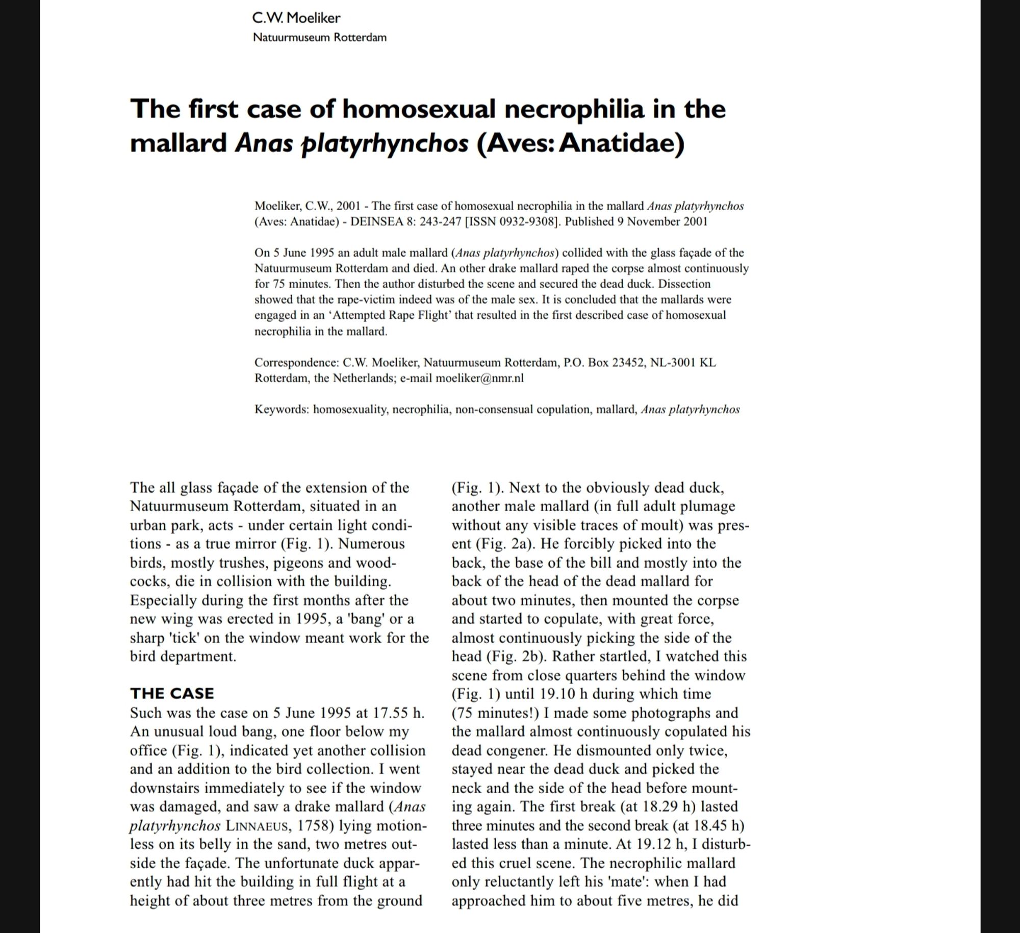 The first case of homosexual necrophilia in the mallard Anas platyrhynchos (Aves: Anatidae)