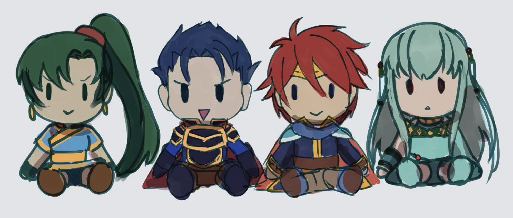 Images of plush doll concepts for the characters (in order) Lyn, Hector, Eliwood, and Ninian from the game Fire Emblem: The Blazing Blade