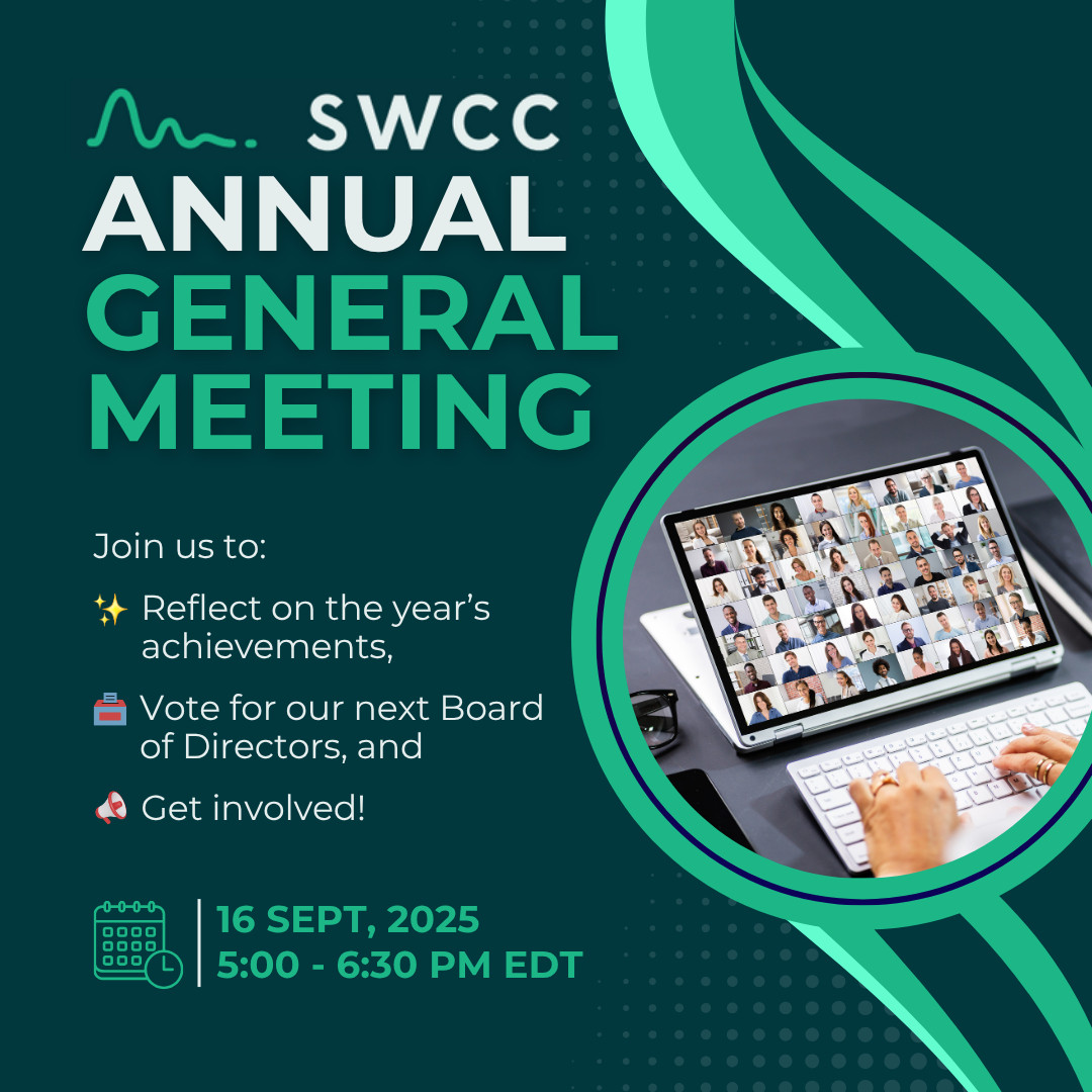 Promotional graphic from SWCC (Science Writers and Communicators of Canada) with a dark teal background, announcing its 2025 Annual General Meeting. At the top, bold white and mint-green text reads: “SWCC Annual General Meeting.” Below, icons and text highlight the event purpose: “Join us to:” followed by a yellow sparkle icon and “Reflect on the year’s achievements,” a red and gray voting icon with “Vote for our next Board of Directors,” and a red and white megaphone icon with “Get involved!” At the bottom left, a mint-green calendar and clock icon appears beside bold mint text: “16 Sept, 2025, 5:00 – 6:30 pm EDT.” On the right, a circular image shows hands typing on a keyboard with a tablet displaying a virtual meeting. The image is surrounded by mint-green rings, with curved lines and faded dots decorating the background.